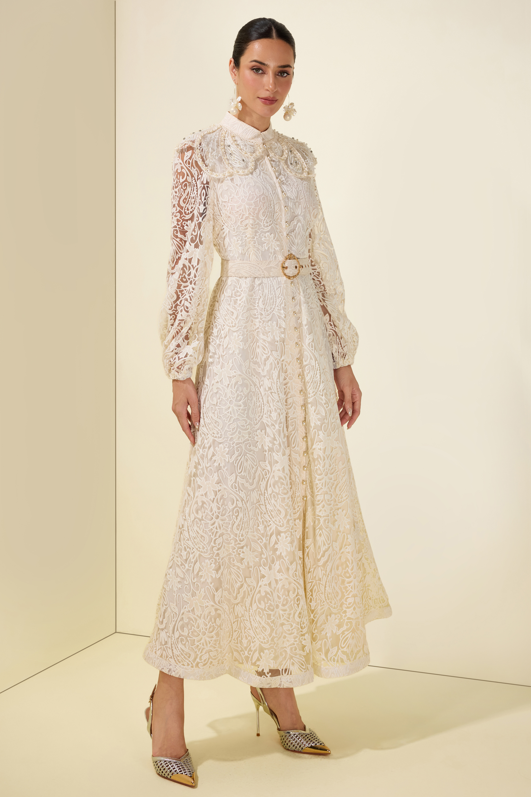 Burn-Out Faux Pearl Midi Dress With Belt