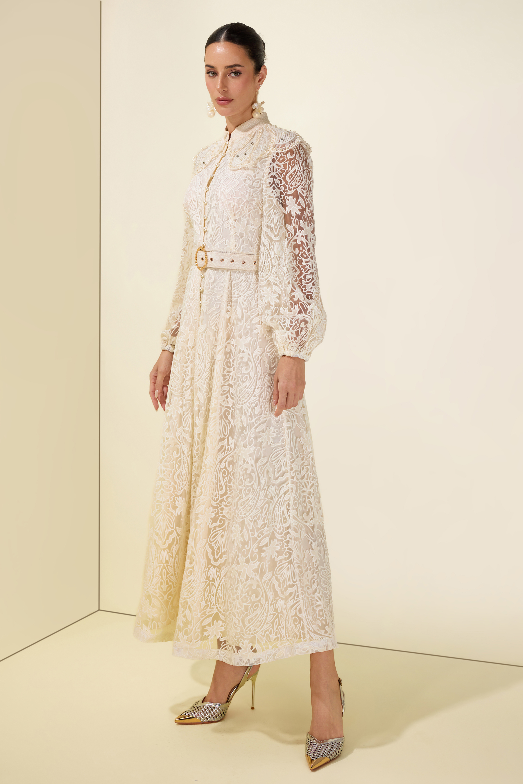 Burn-Out Faux Pearl Midi Dress With Belt