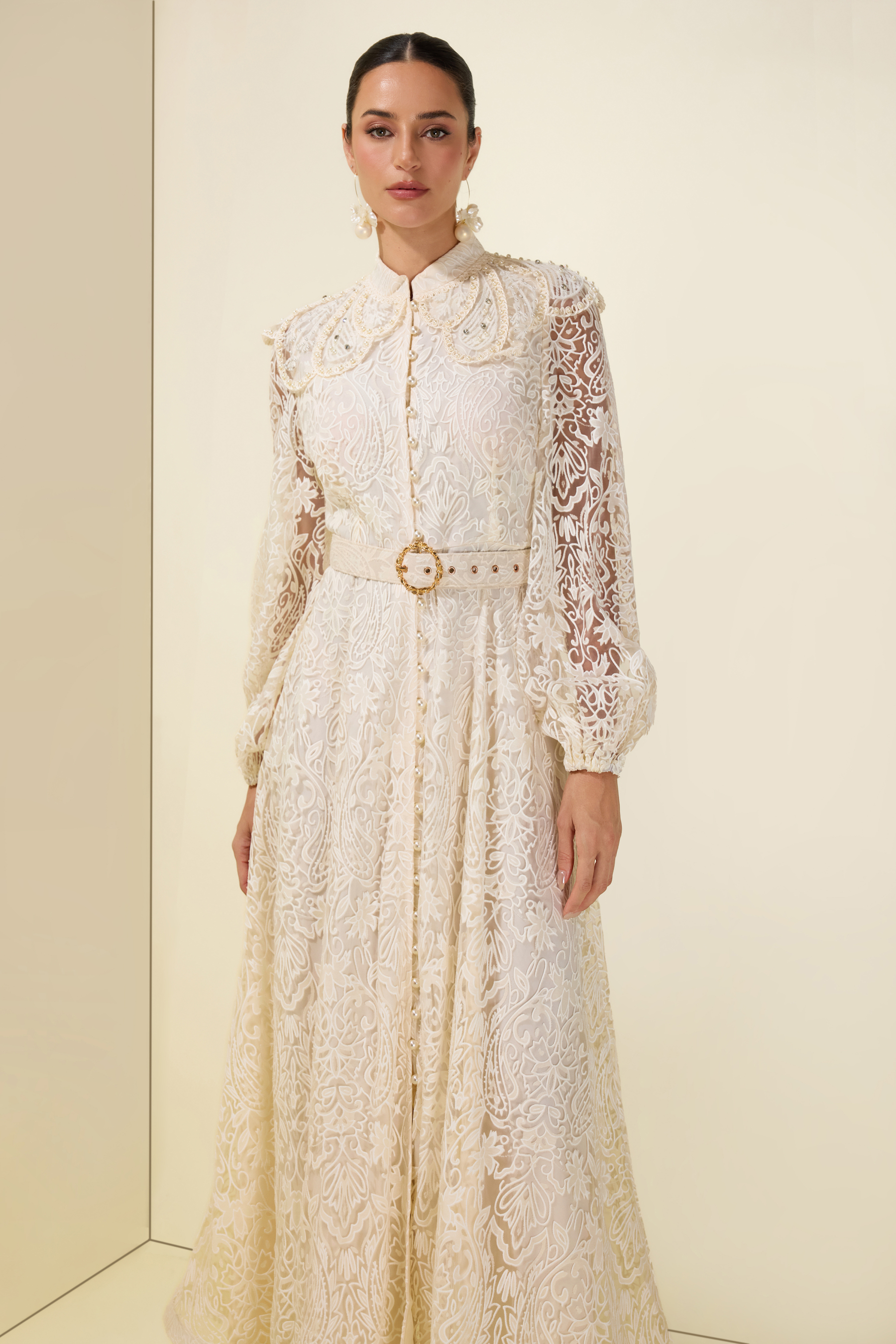 Burn-Out Faux Pearl Midi Dress With Belt