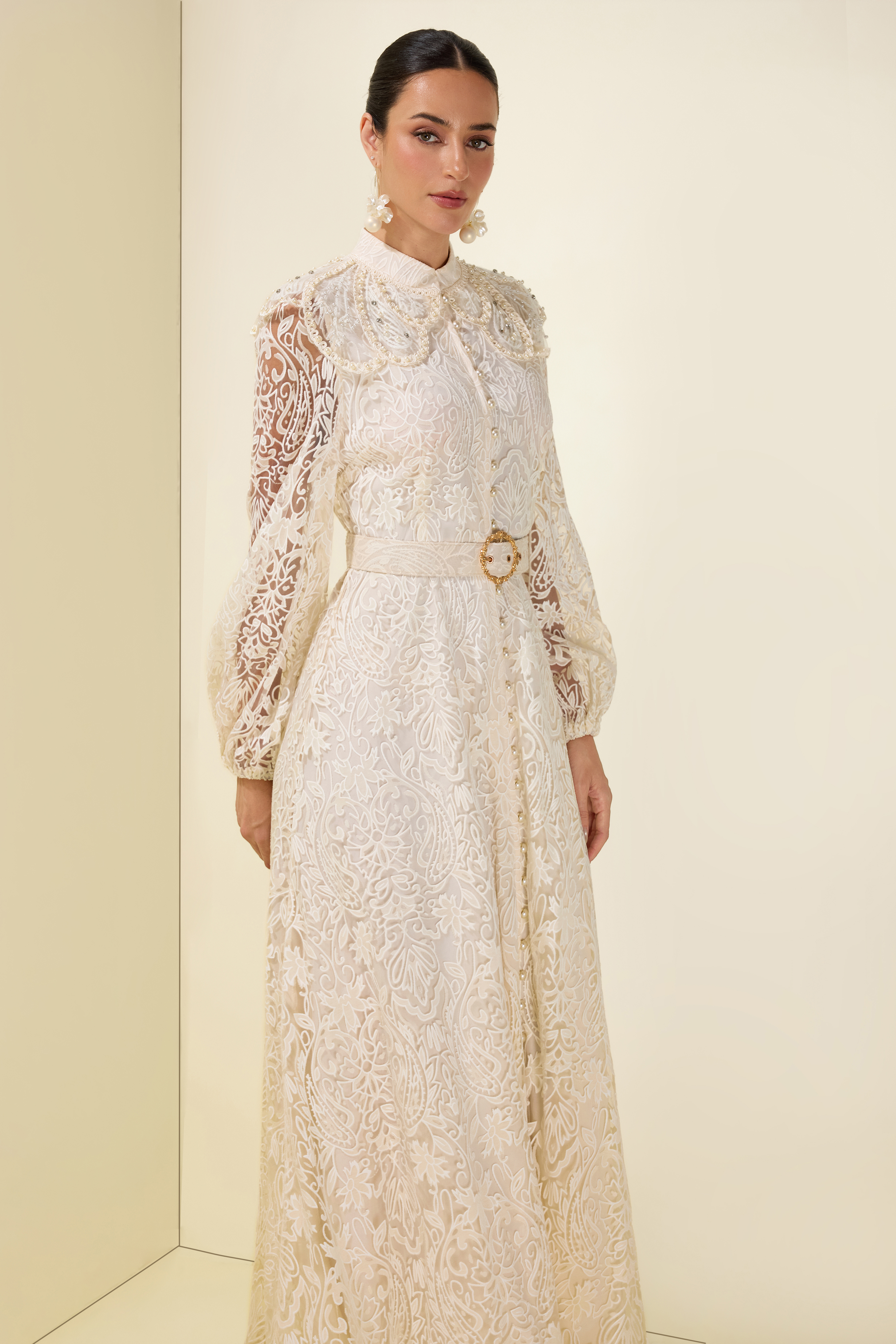 Burn-Out Faux Pearl Midi Dress With Belt