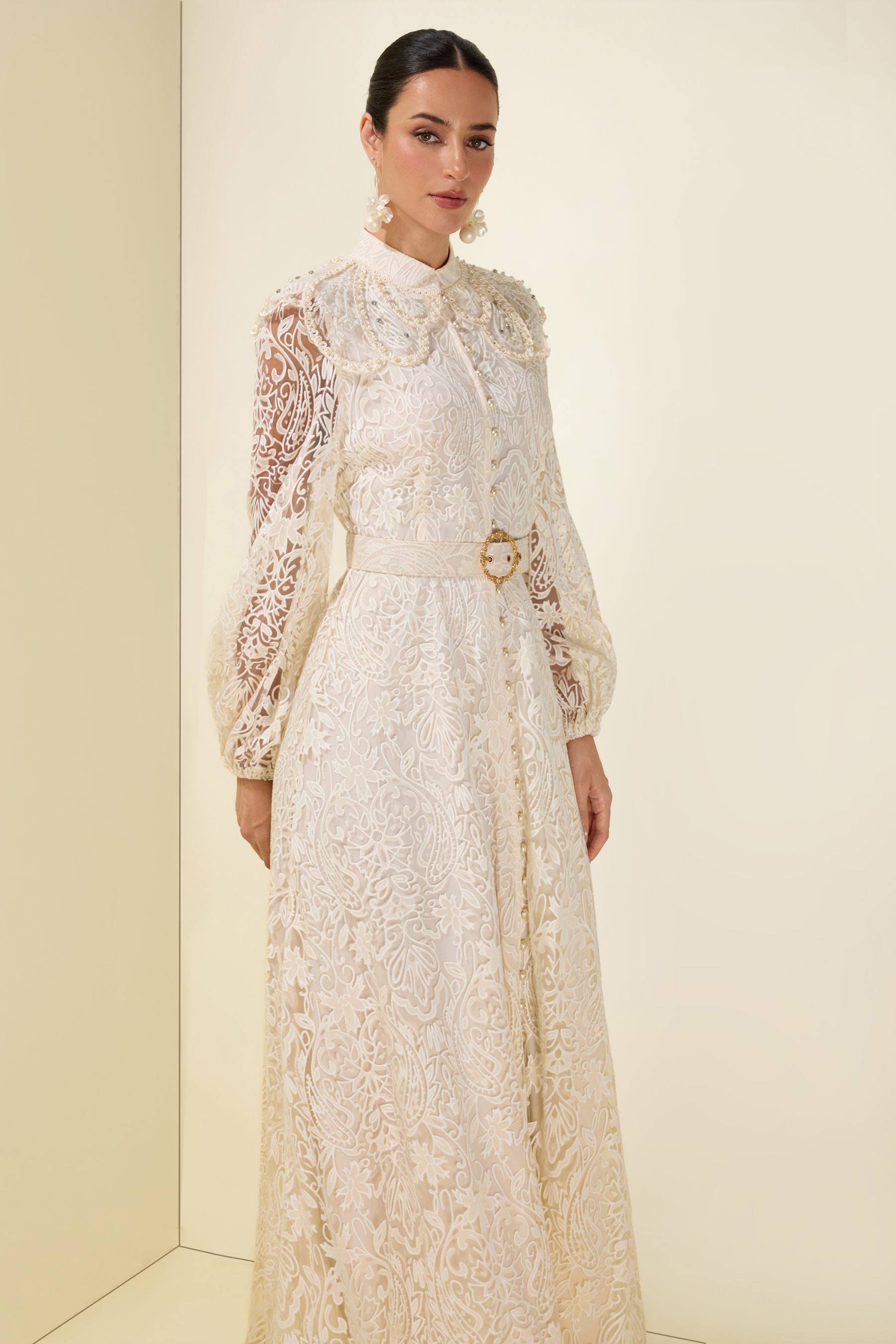Burn-Out Faux Pearl Midi Dress With Belt