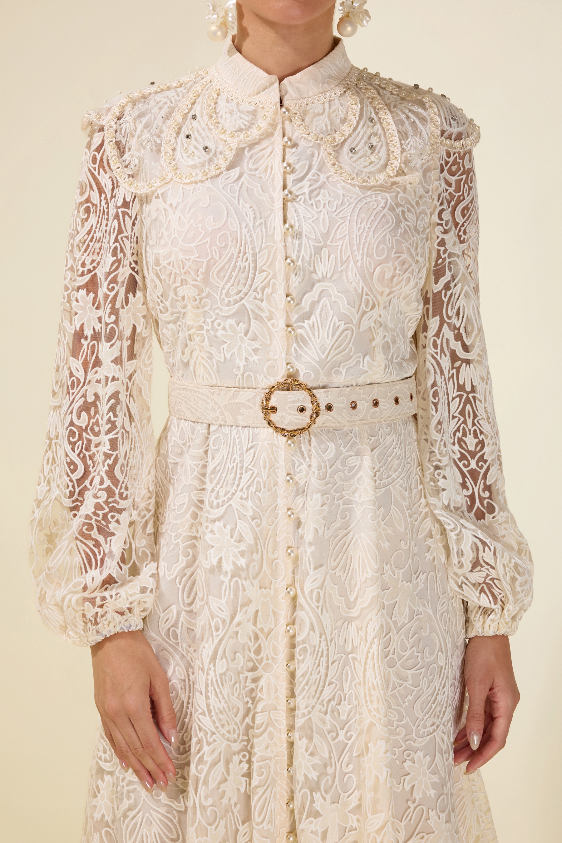 Burn-Out Faux Pearl Midi Dress With Belt