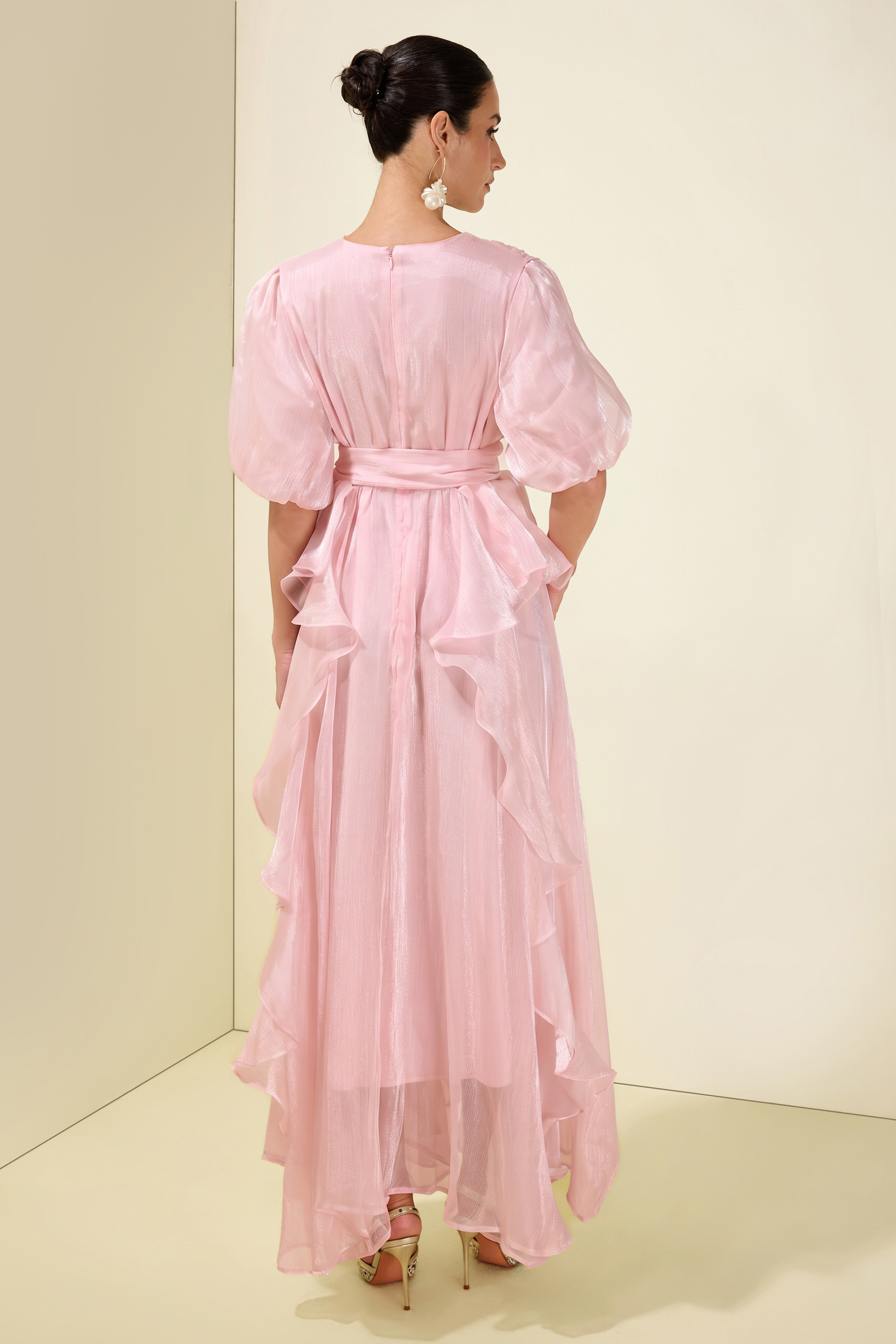 Rhinestone Rivets Ruffle Puff Sleeve Maxi Dress