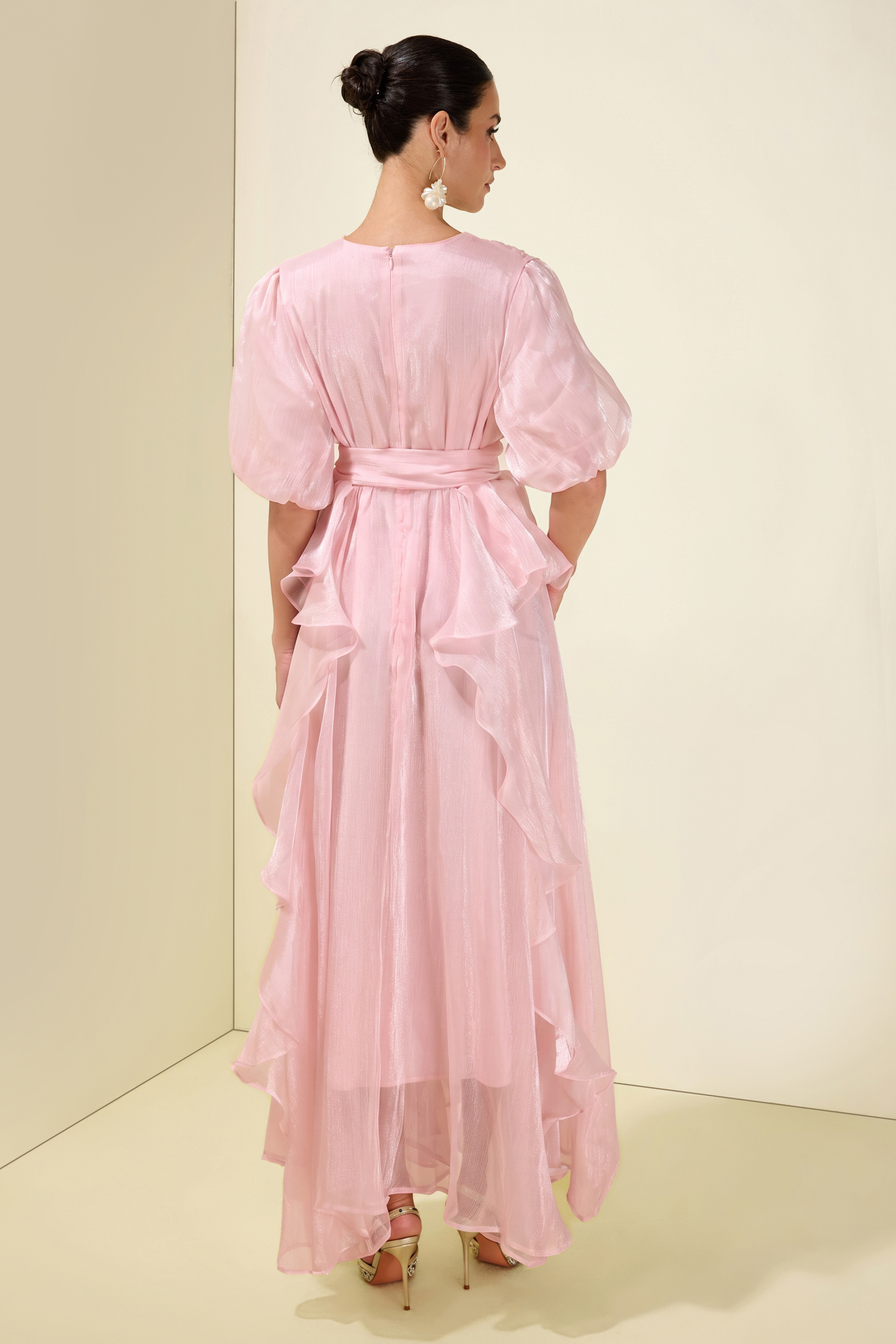 Rhinestone Rivets Ruffle Puff Sleeve Maxi Dress