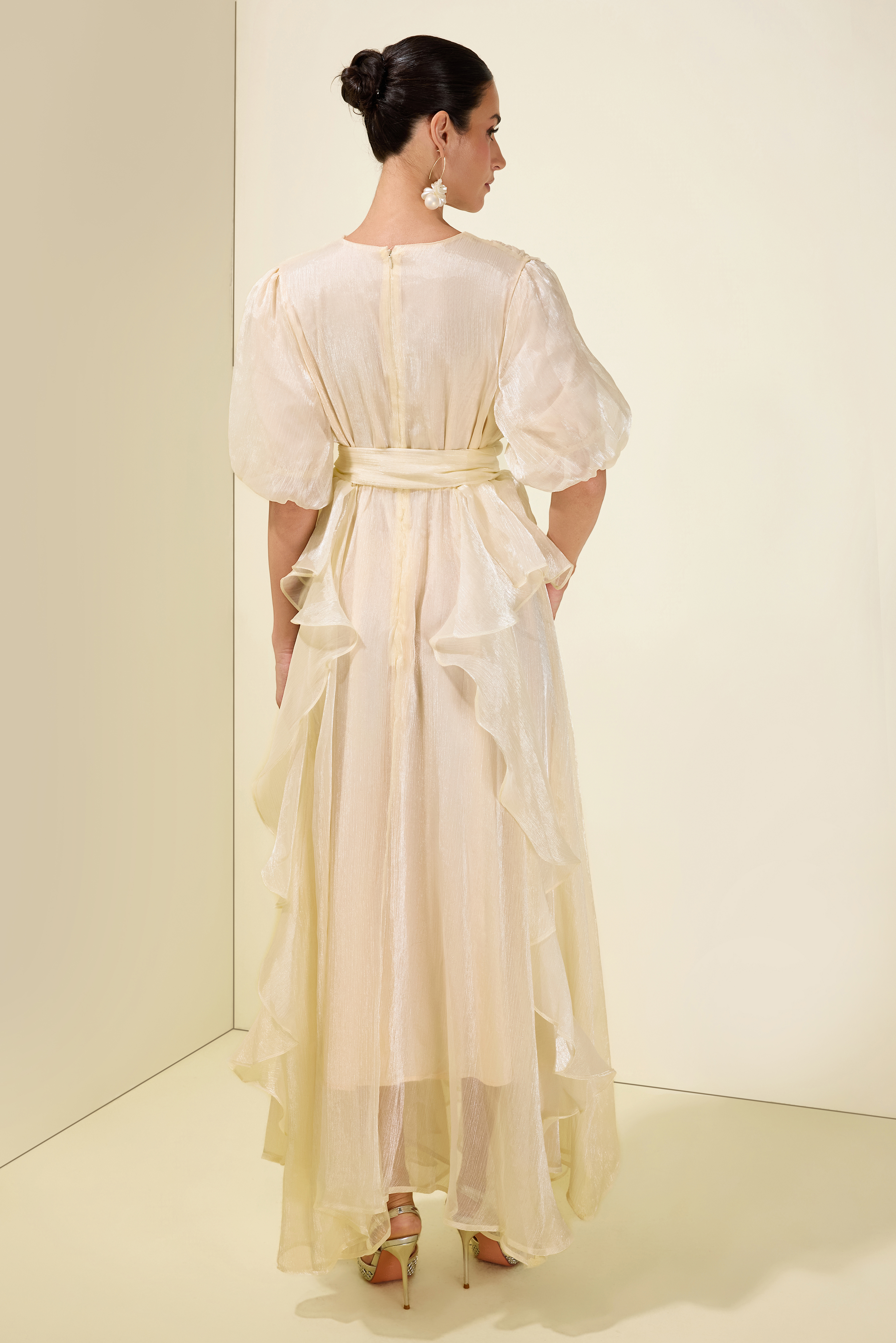 Rhinestone Rivets Ruffle Puff Sleeve Maxi Dress