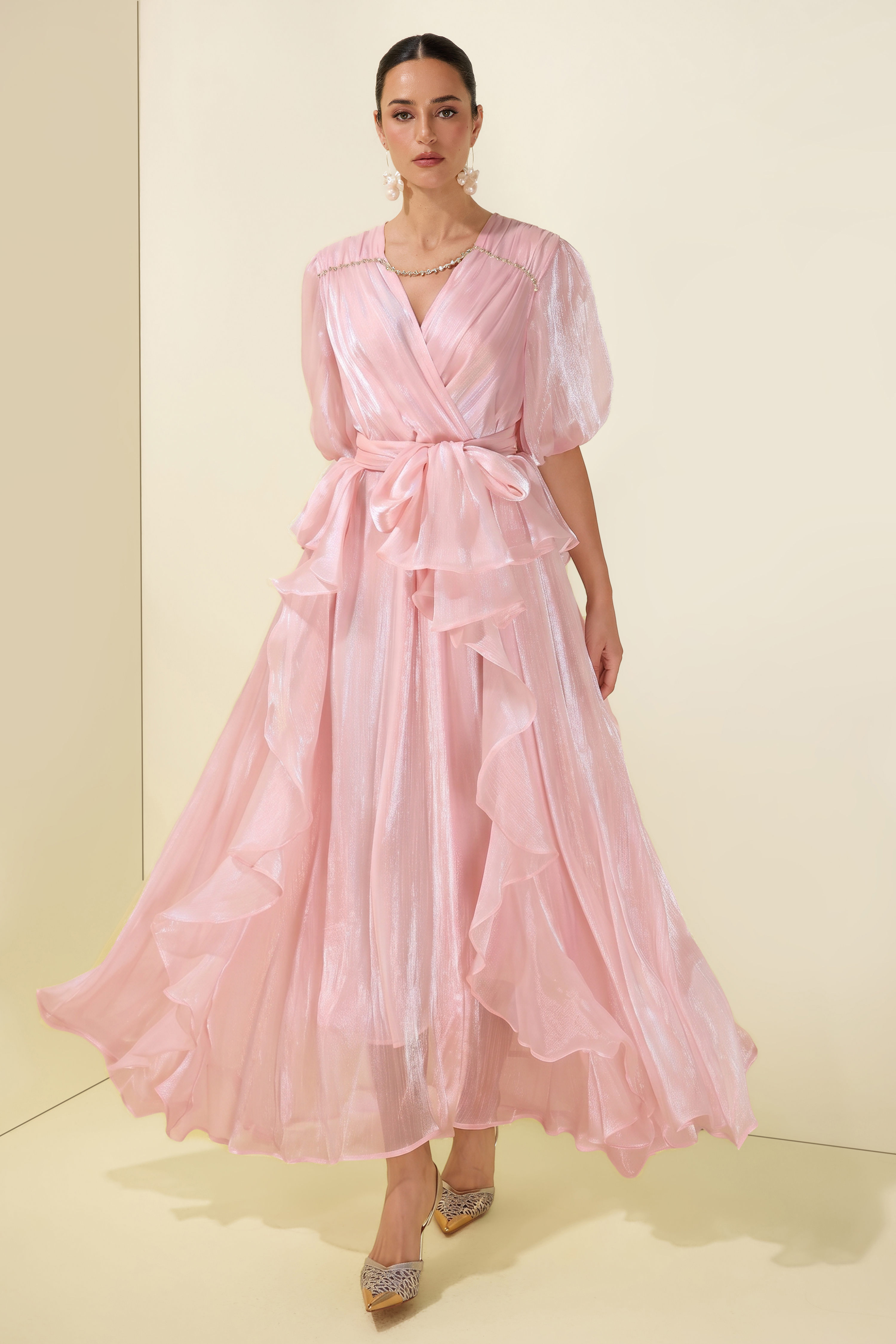 Rhinestone Rivets Ruffle Puff Sleeve Maxi Dress