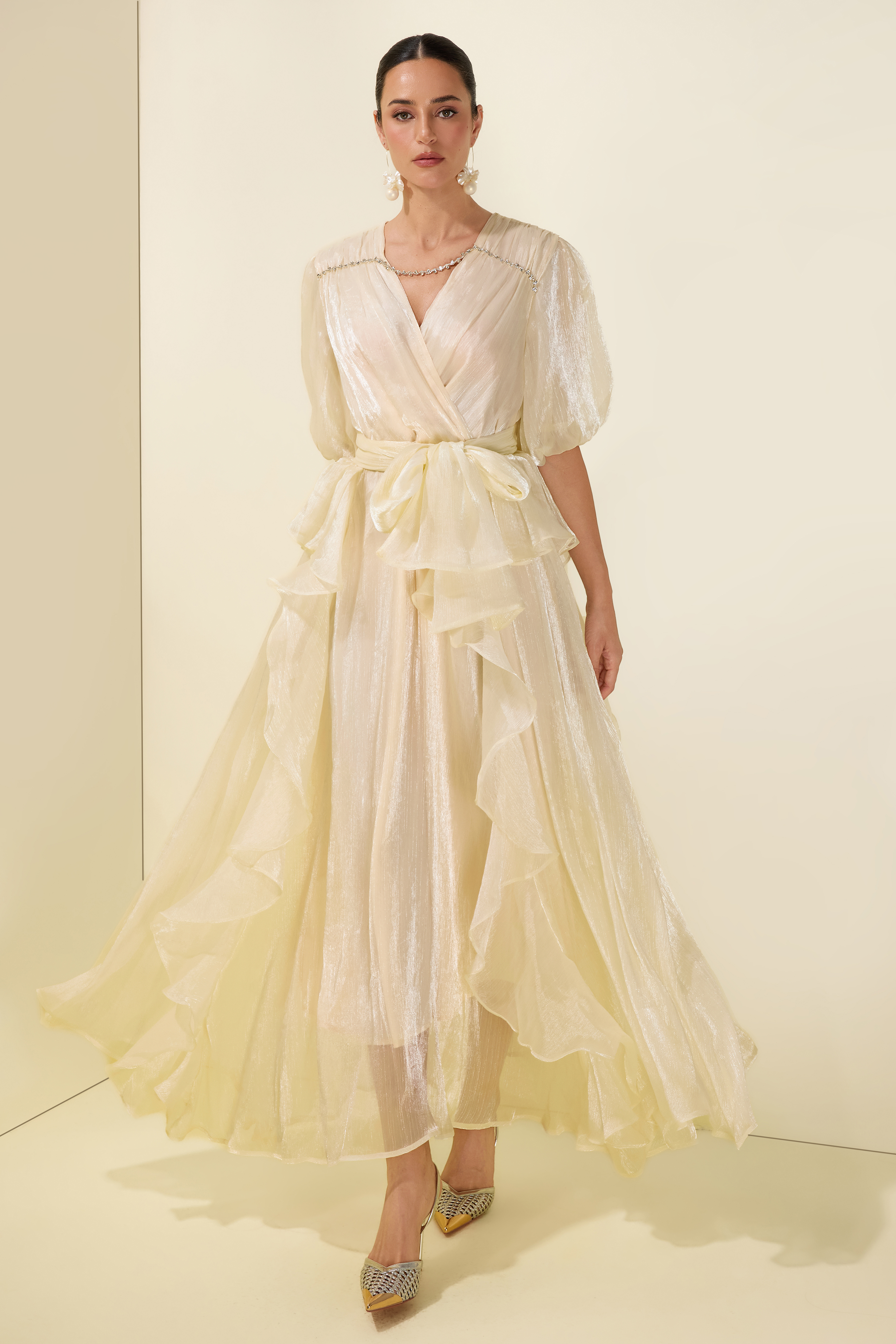 Rhinestone Rivets Ruffle Puff Sleeve Maxi Dress