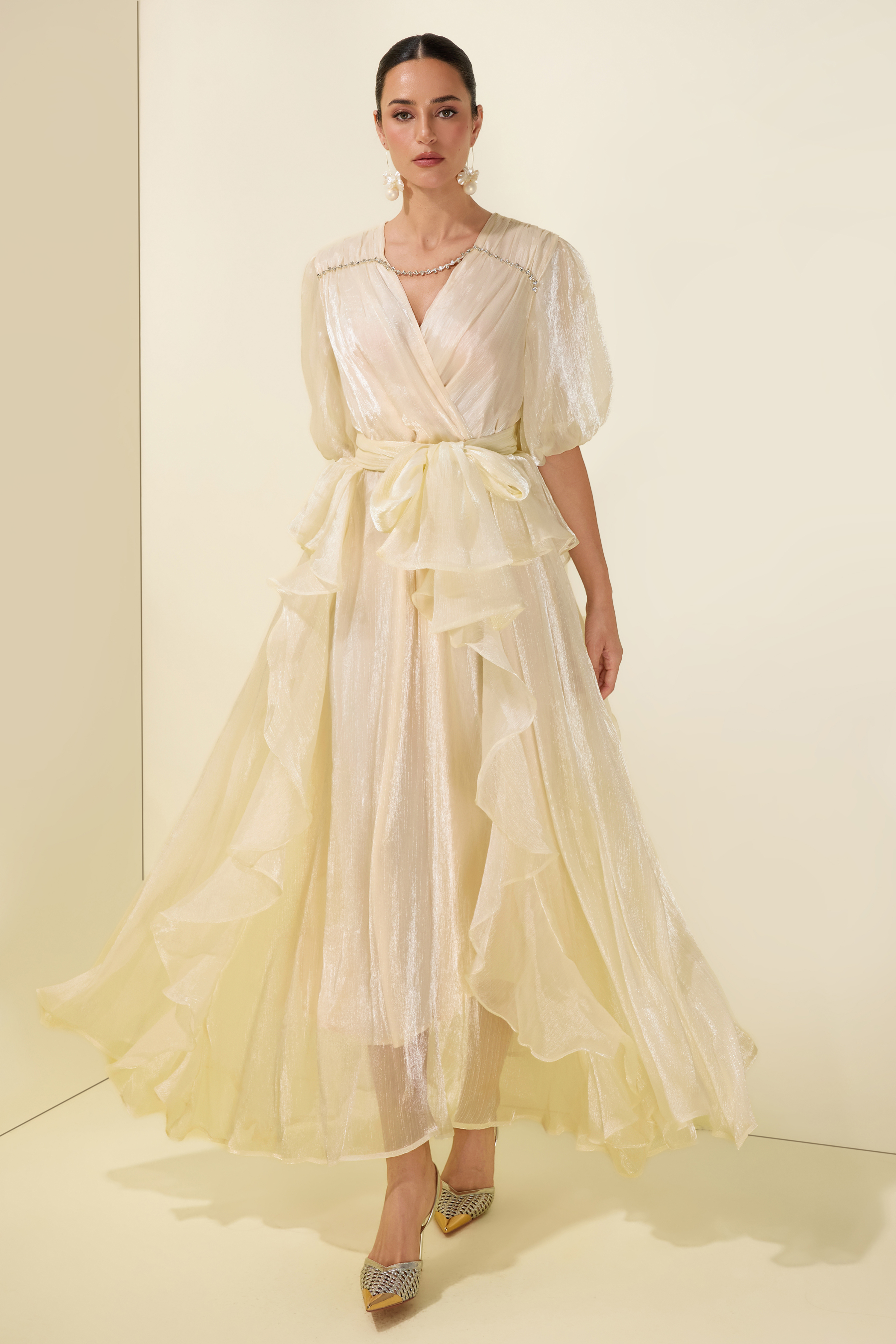 Rhinestone Rivets Ruffle Puff Sleeve Maxi Dress