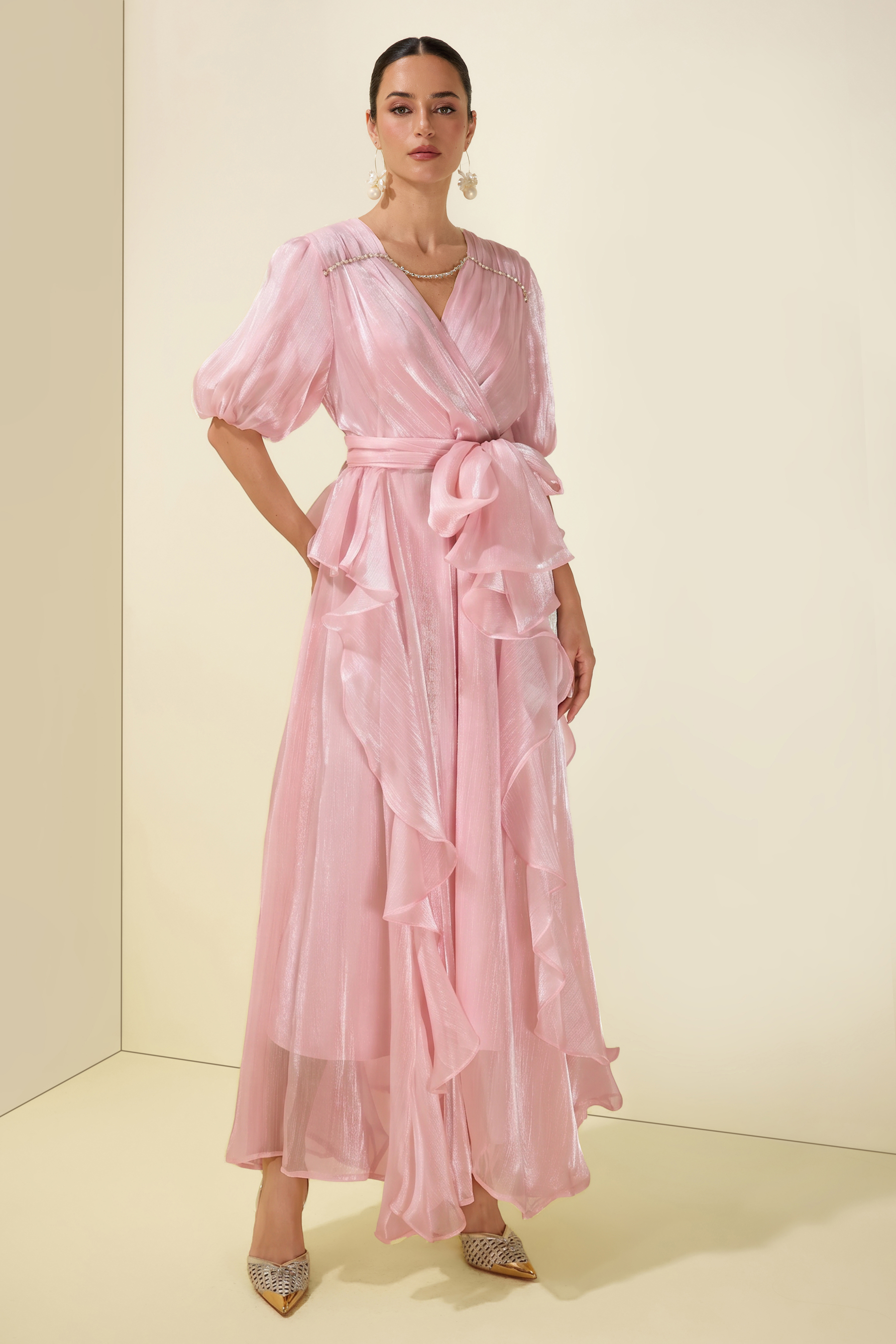 Rhinestone Rivets Ruffle Puff Sleeve Maxi Dress