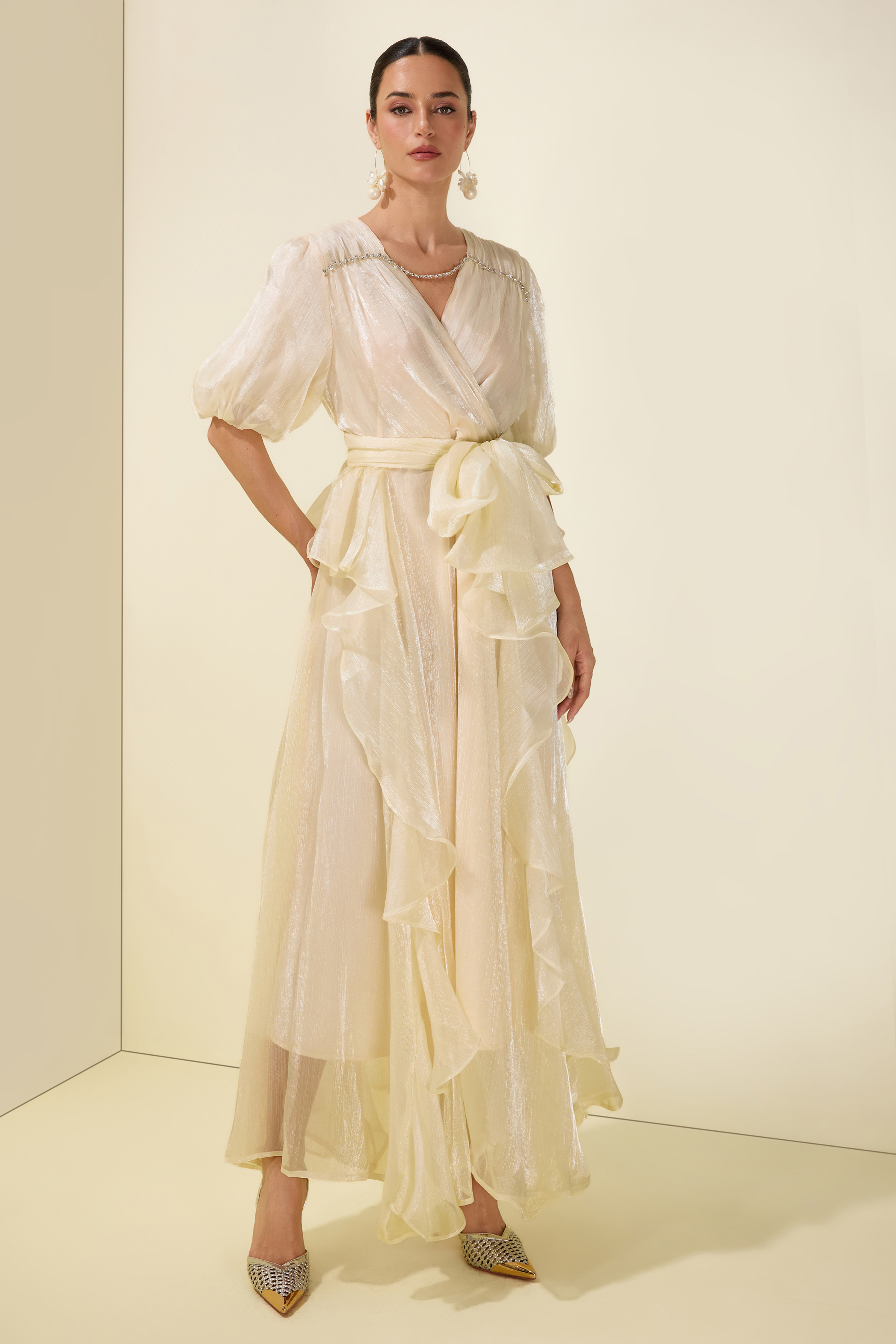 Rhinestone Rivets Ruffle Puff Sleeve Maxi Dress