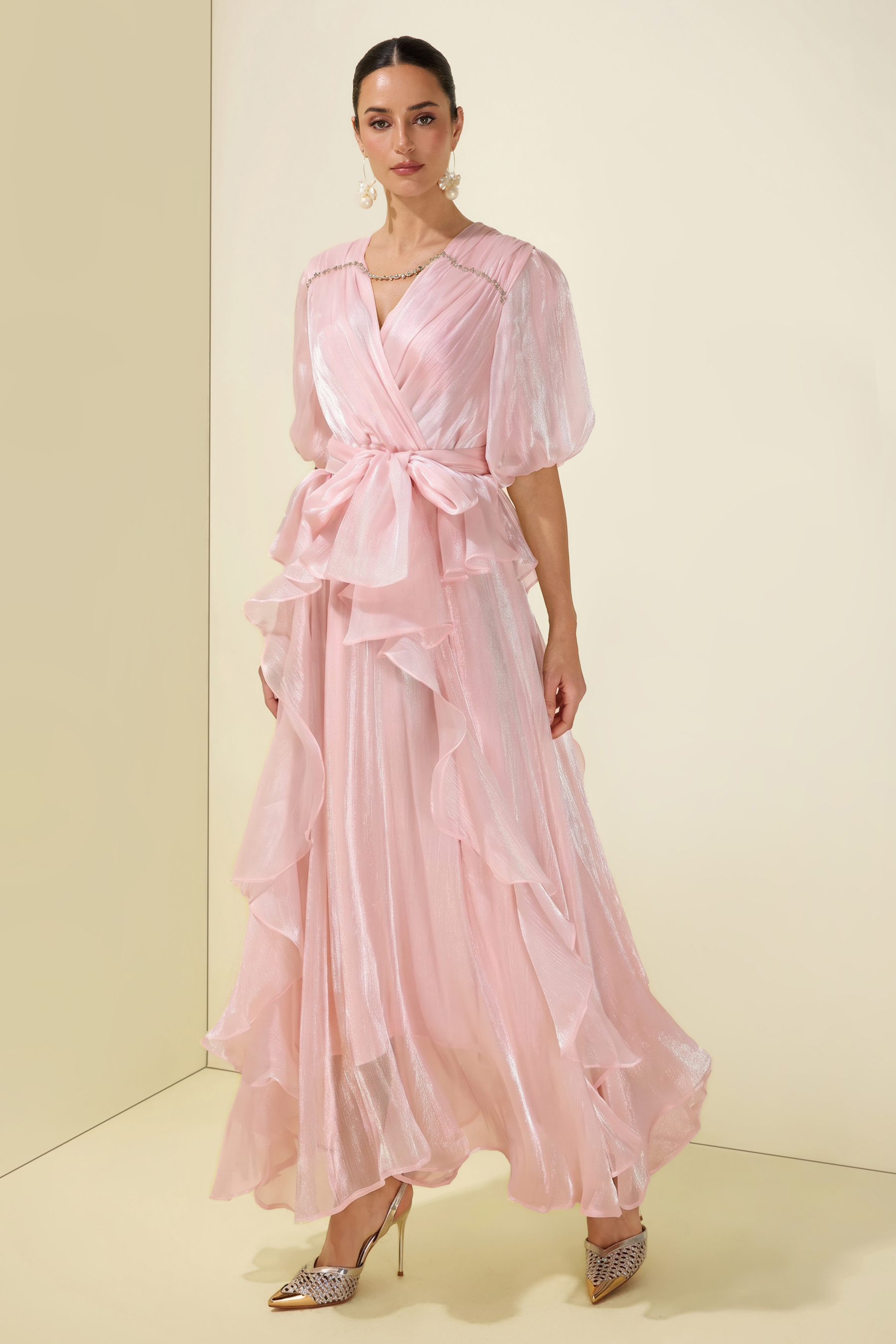 Rhinestone Rivets Ruffle Puff Sleeve Maxi Dress