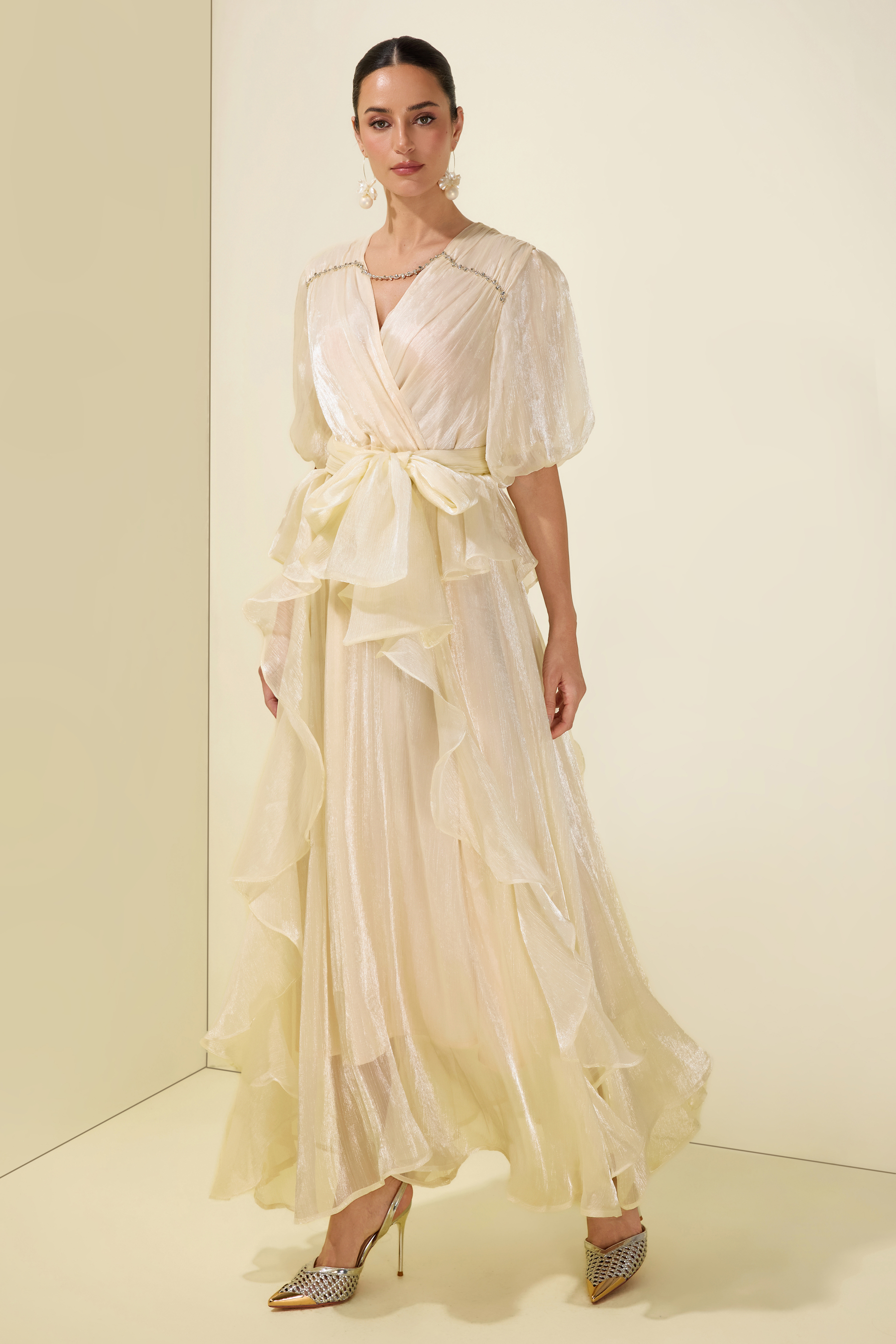 Rhinestone Rivets Ruffle Puff Sleeve Maxi Dress