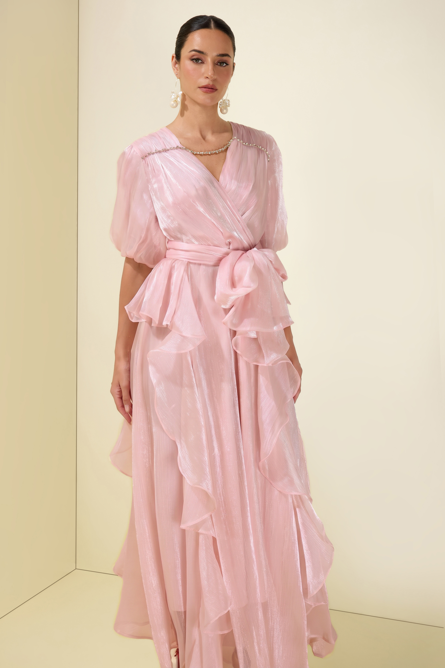 Rhinestone Rivets Ruffle Puff Sleeve Maxi Dress