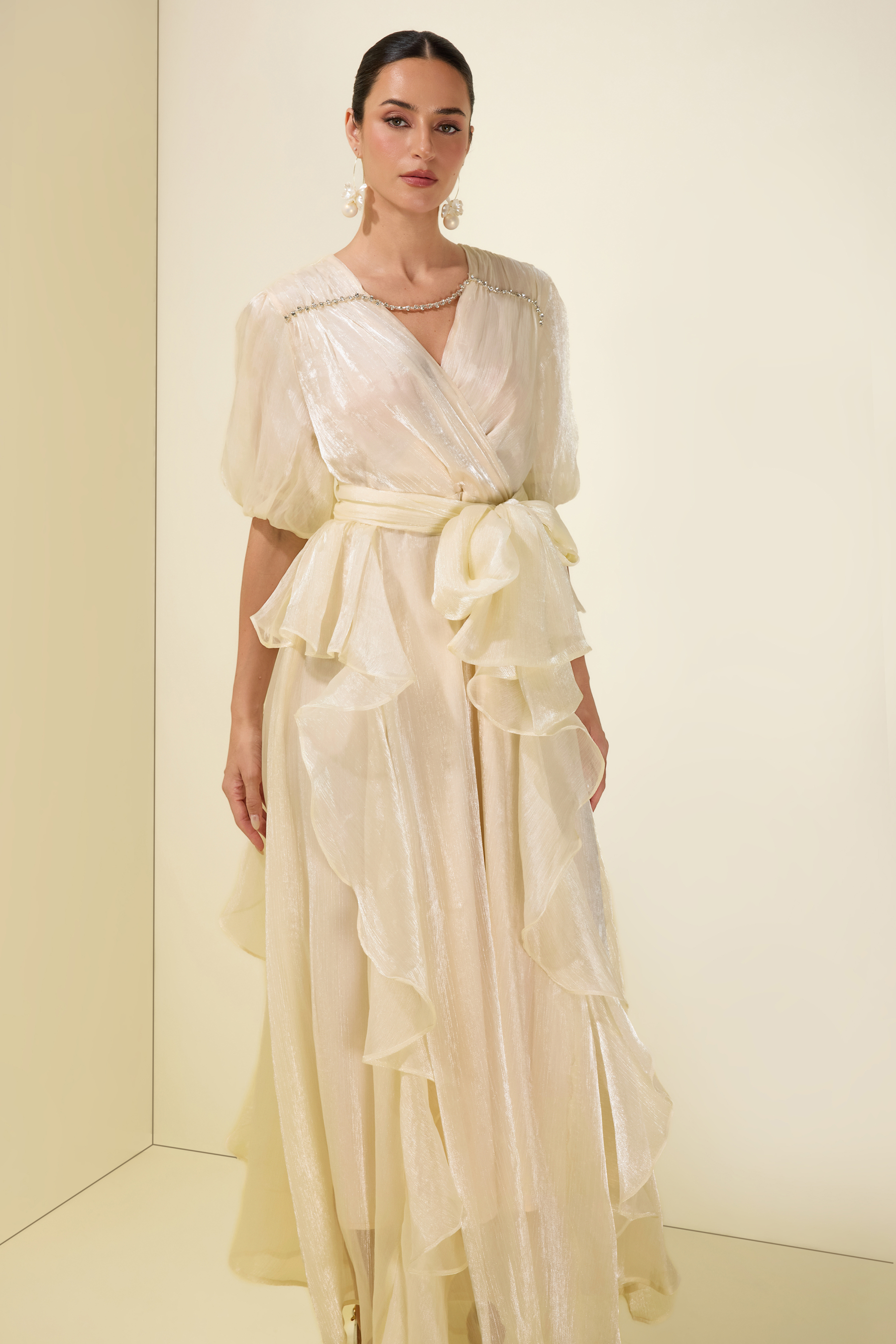 Rhinestone Rivets Ruffle Puff Sleeve Maxi Dress