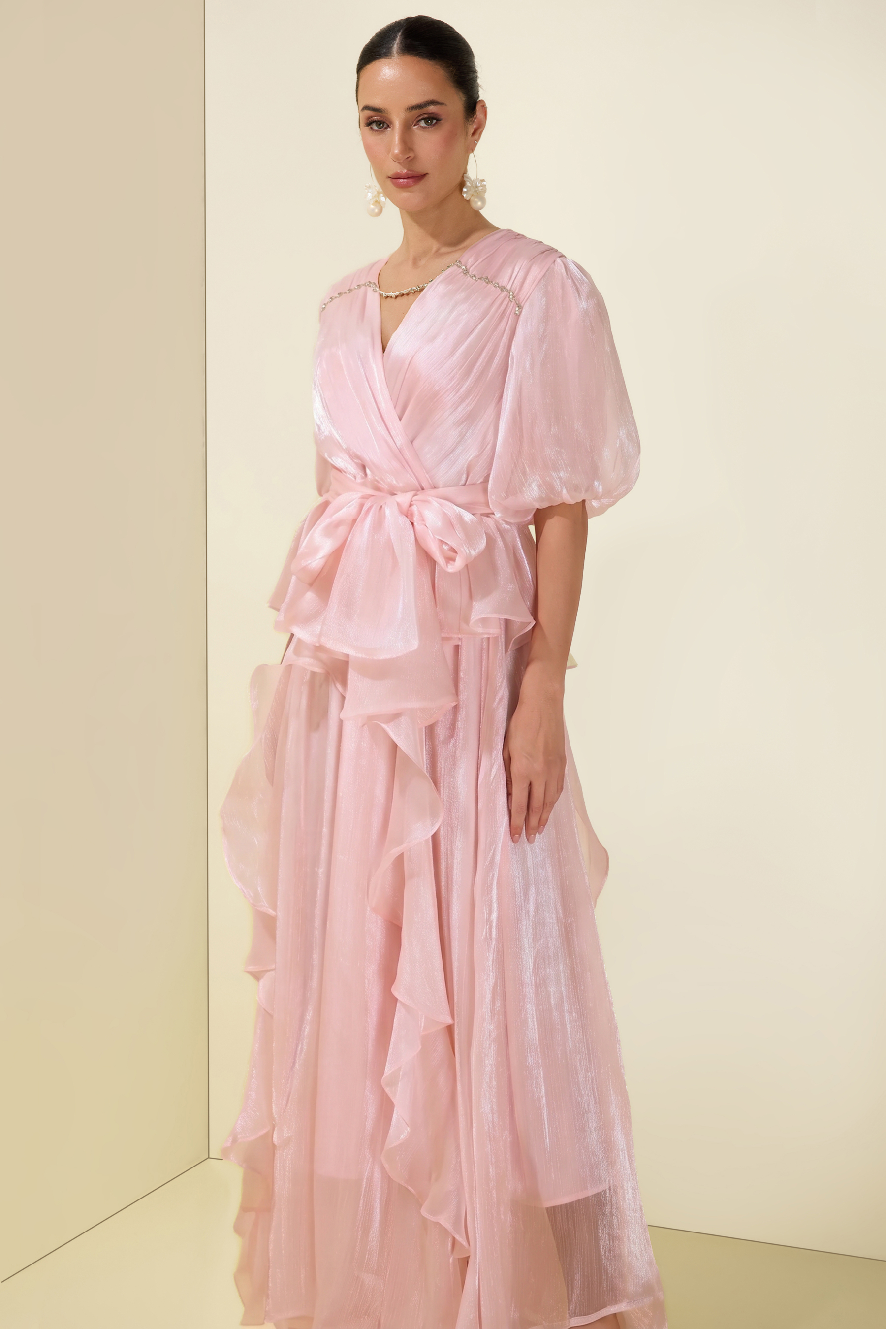 Rhinestone Rivets Ruffle Puff Sleeve Maxi Dress