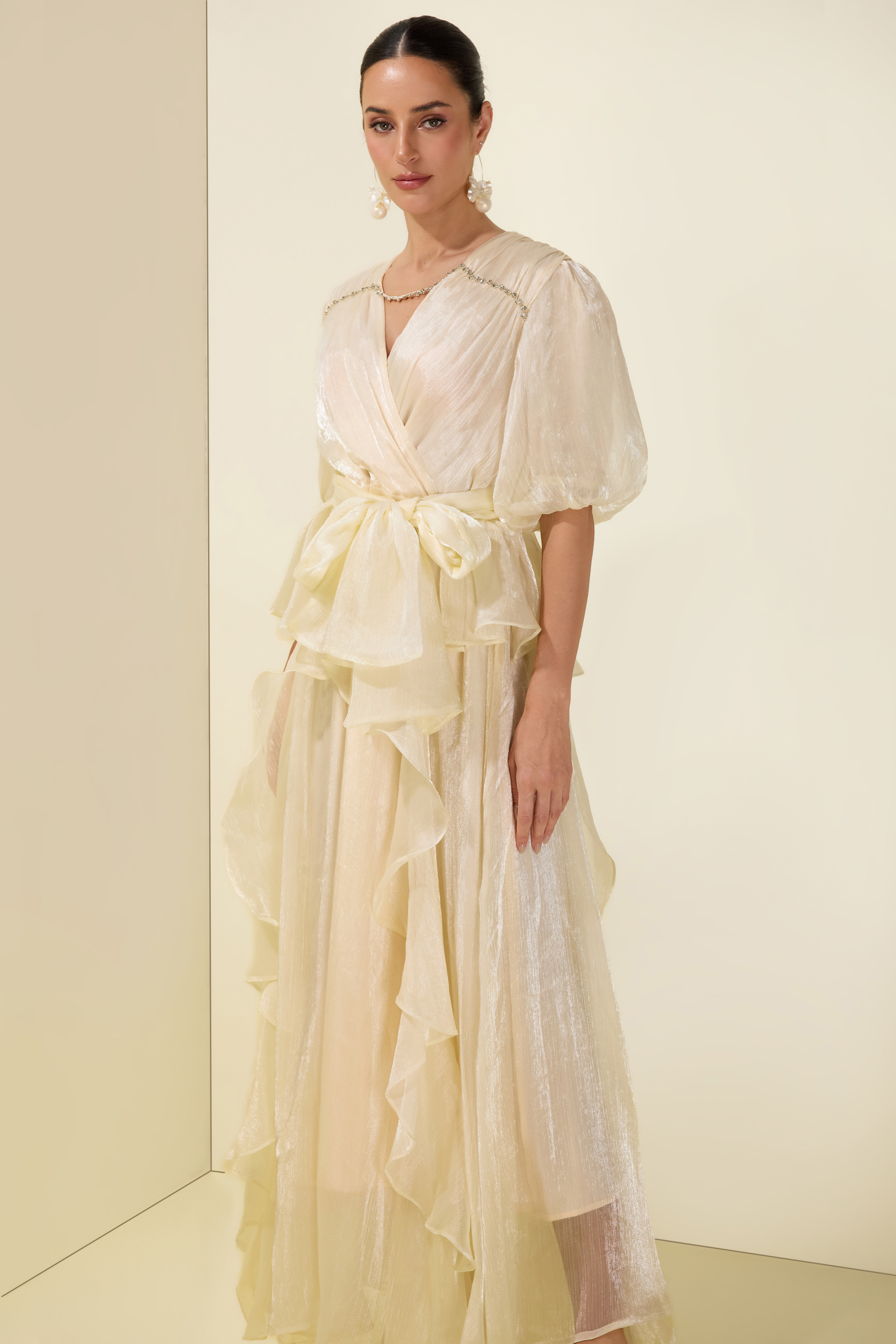 Rhinestone Rivets Ruffle Puff Sleeve Maxi Dress