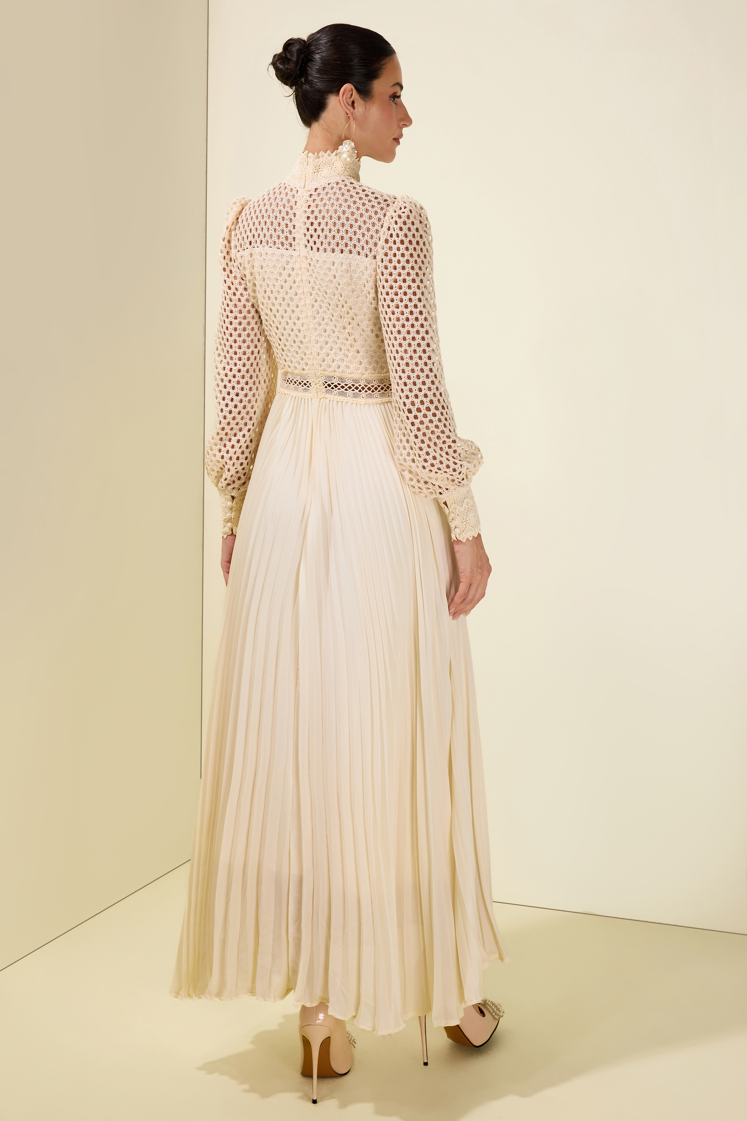 Embroidered Pleat Long Sleeve Maxi Dress