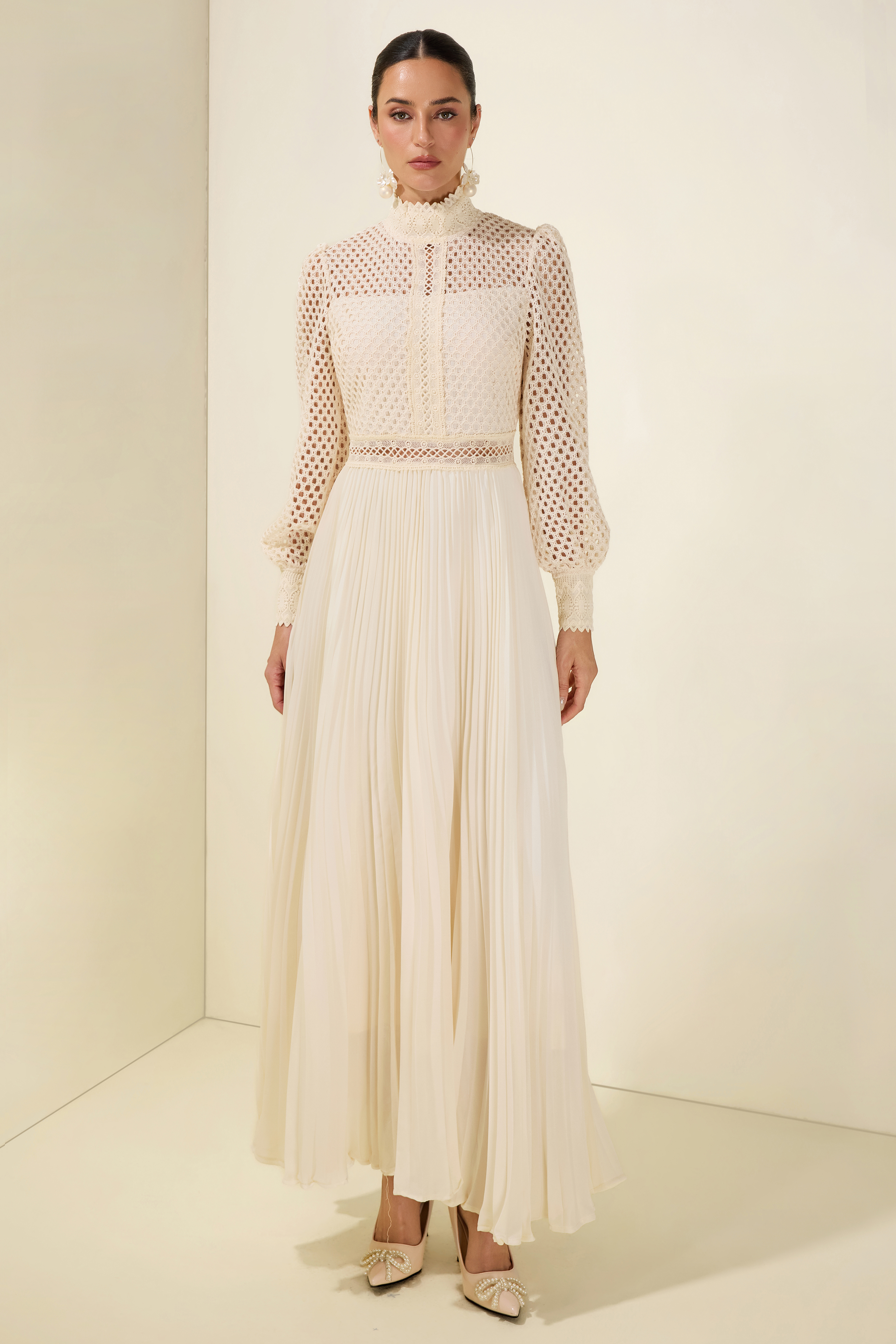 Embroidered Pleat Long Sleeve Maxi Dress