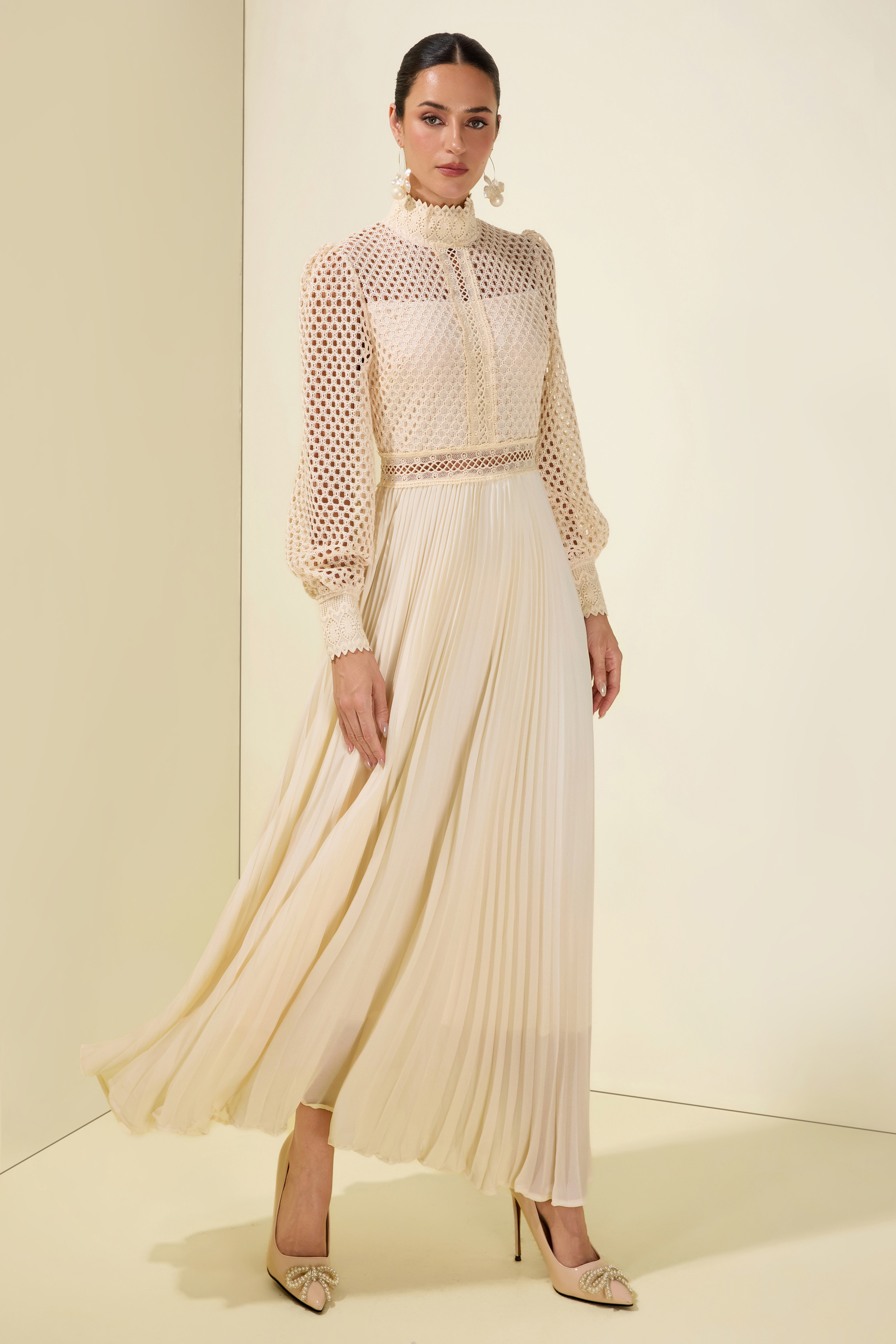 Embroidered Pleat Long Sleeve Maxi Dress