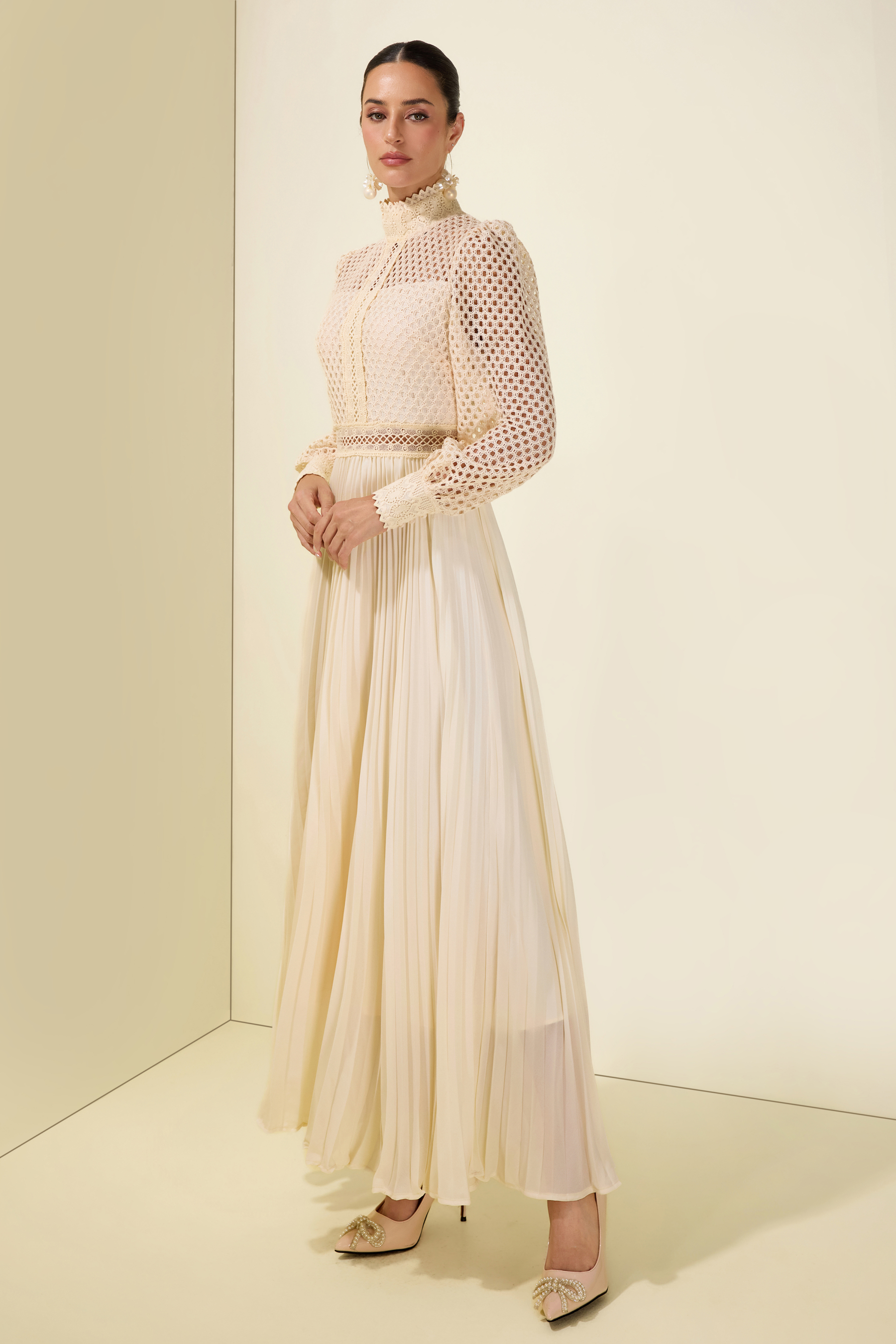 Embroidered Pleat Long Sleeve Maxi Dress