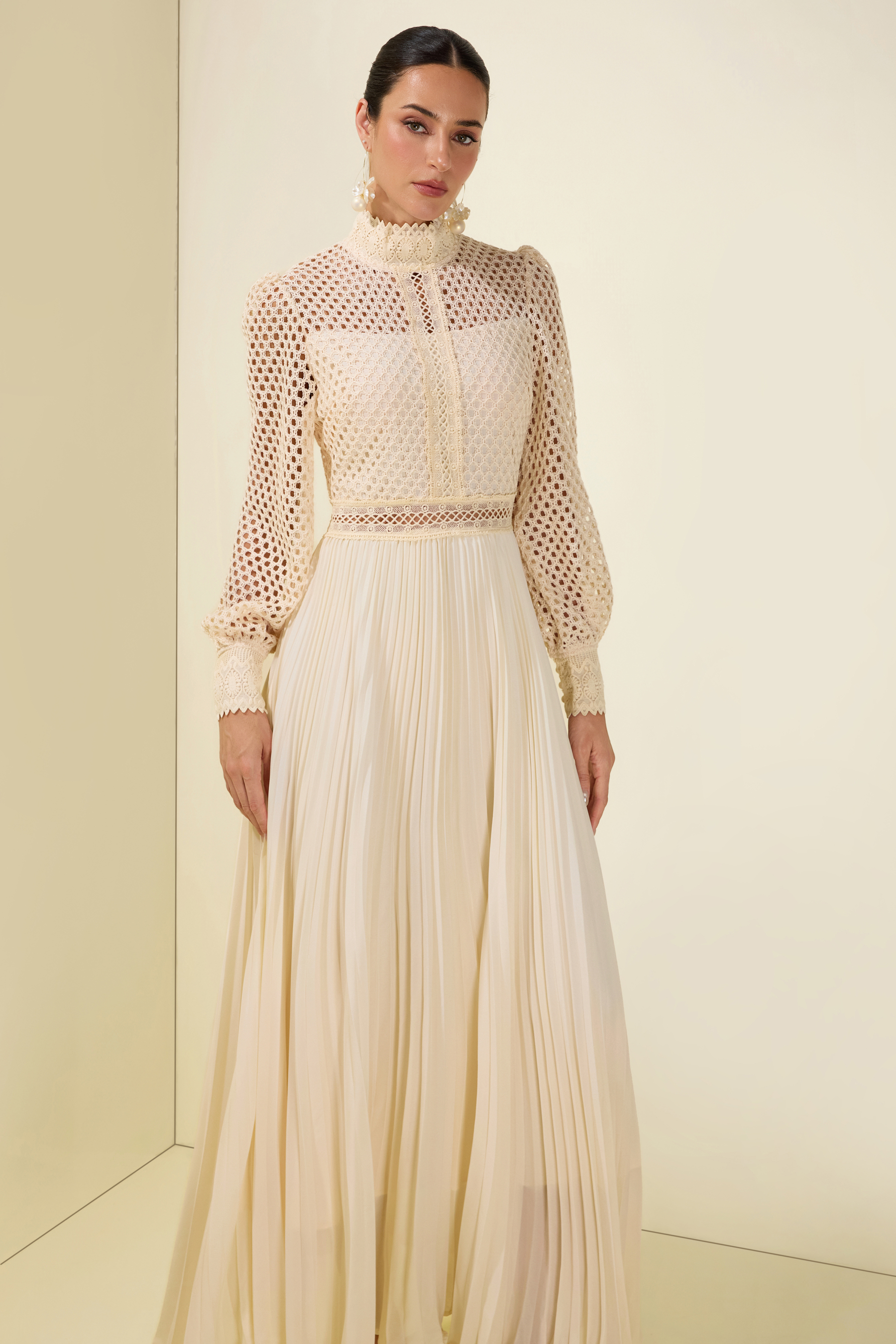 Embroidered Pleat Long Sleeve Maxi Dress