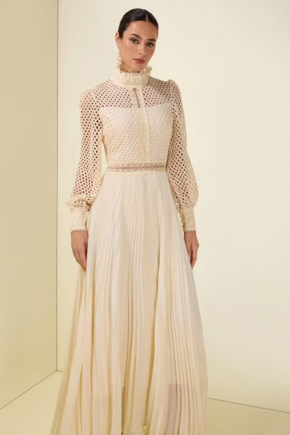 Embroidered Pleat Long Sleeve Maxi Dress