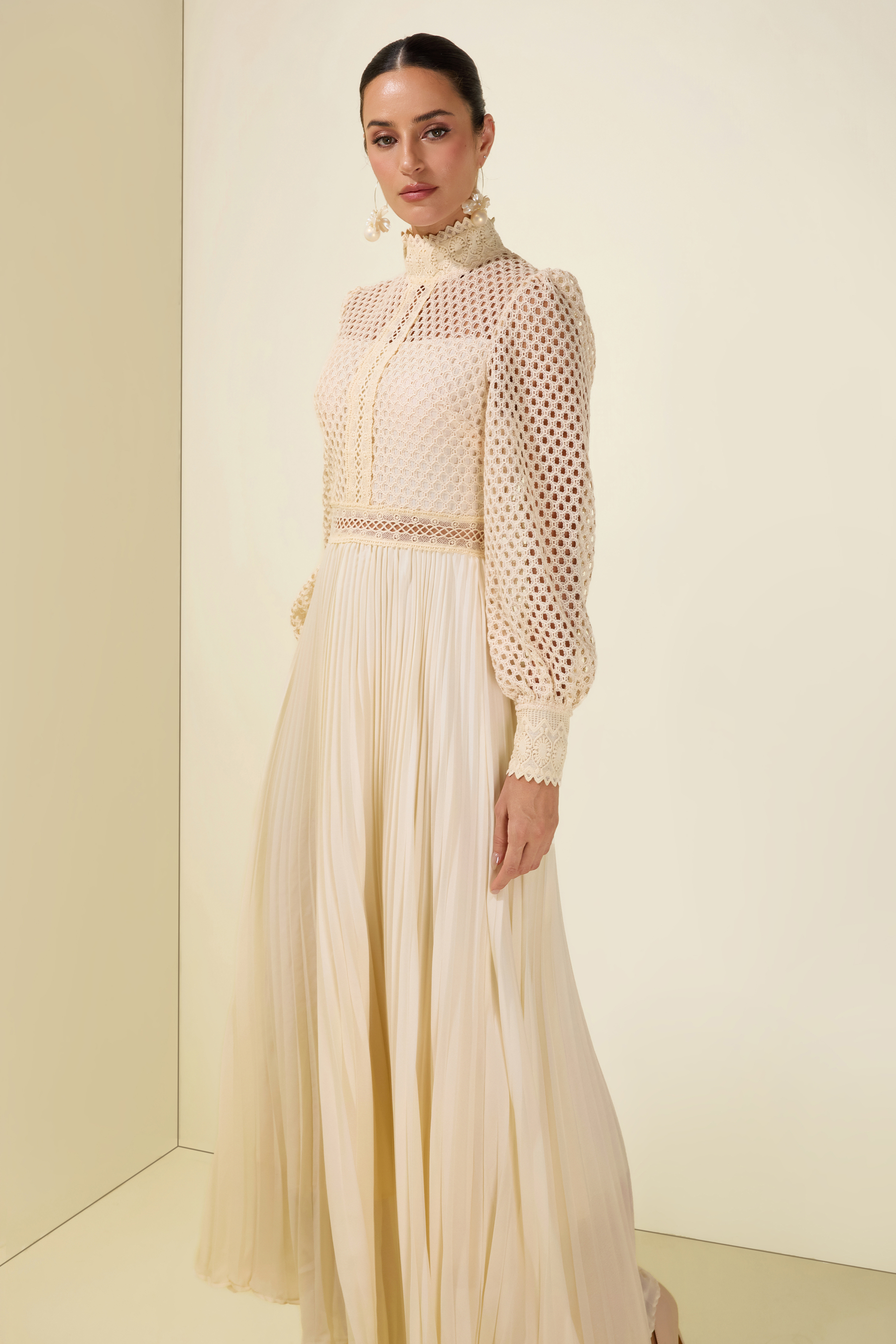 Embroidered Pleat Long Sleeve Maxi Dress