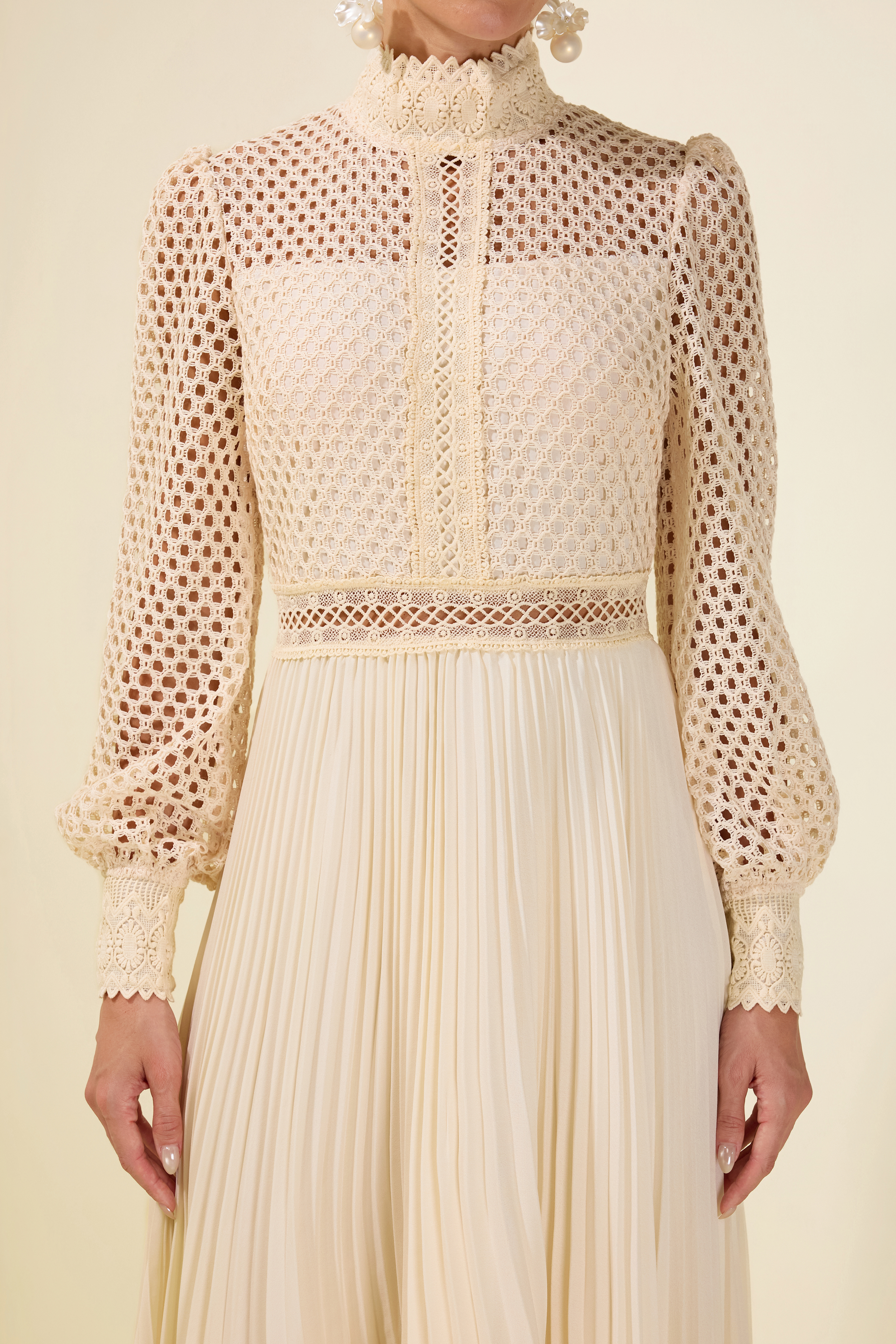 Embroidered Pleat Long Sleeve Maxi Dress