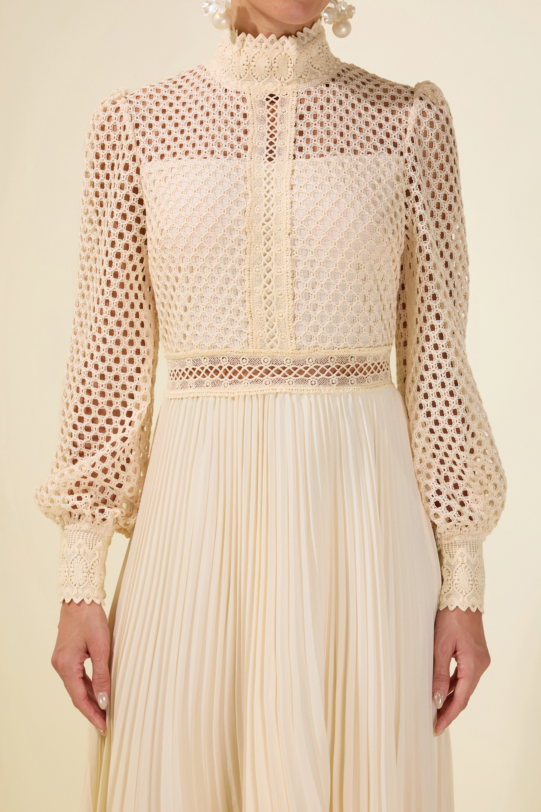 Embroidered Pleat Long Sleeve Maxi Dress