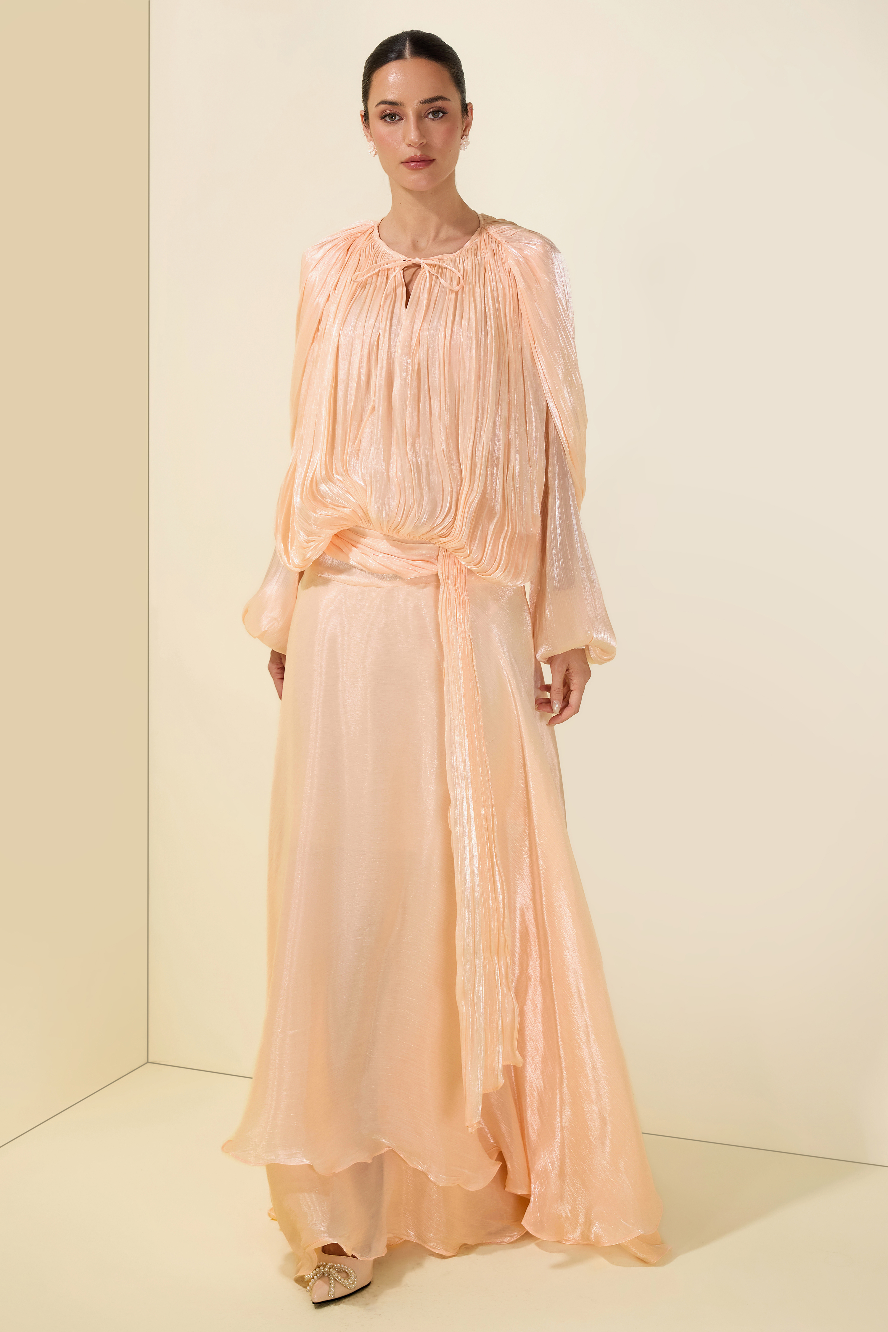 Gathering Long Sleeve Irregular Ruffle Midi Dress