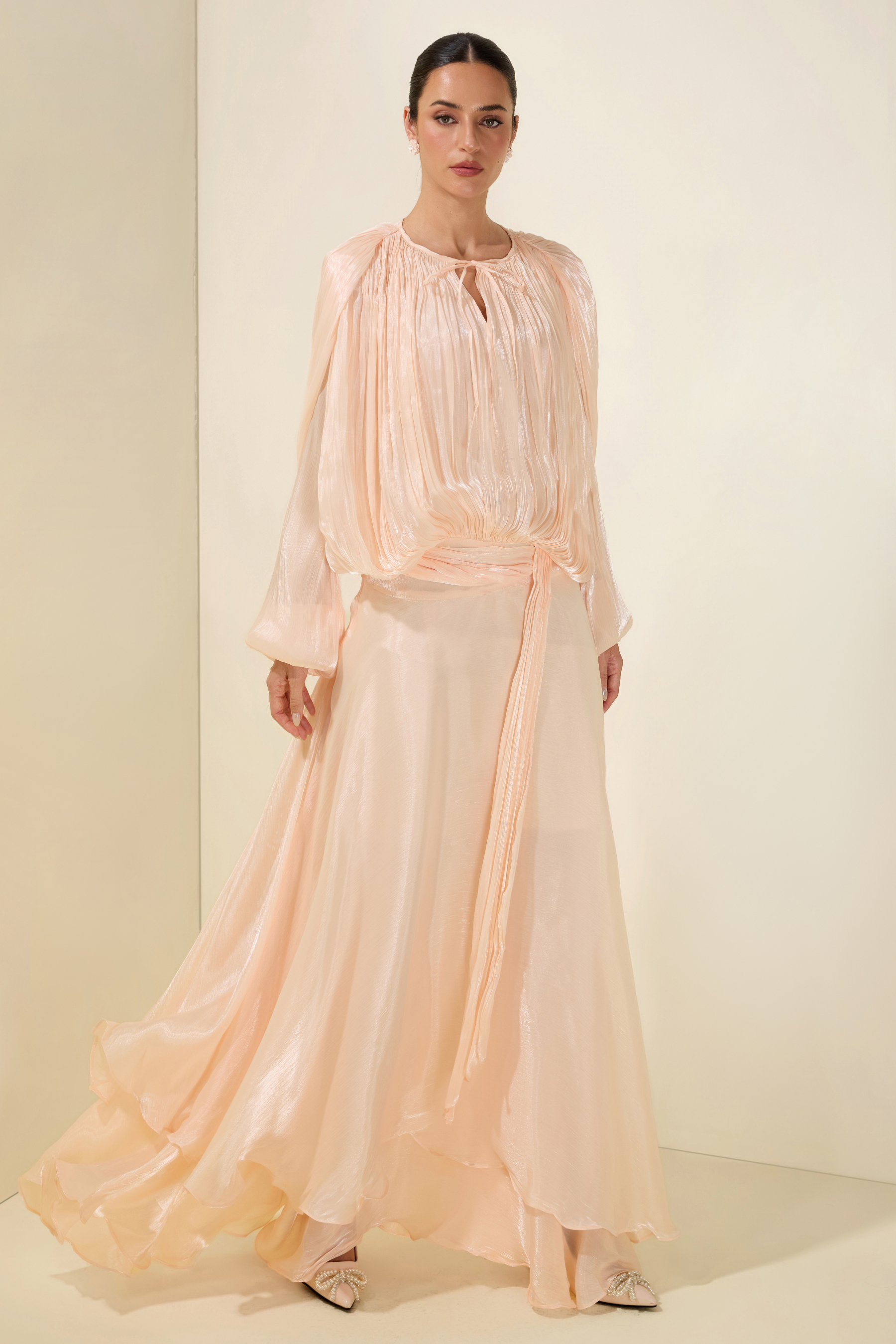 Gathering Long Sleeve Irregular Ruffle Midi Dress