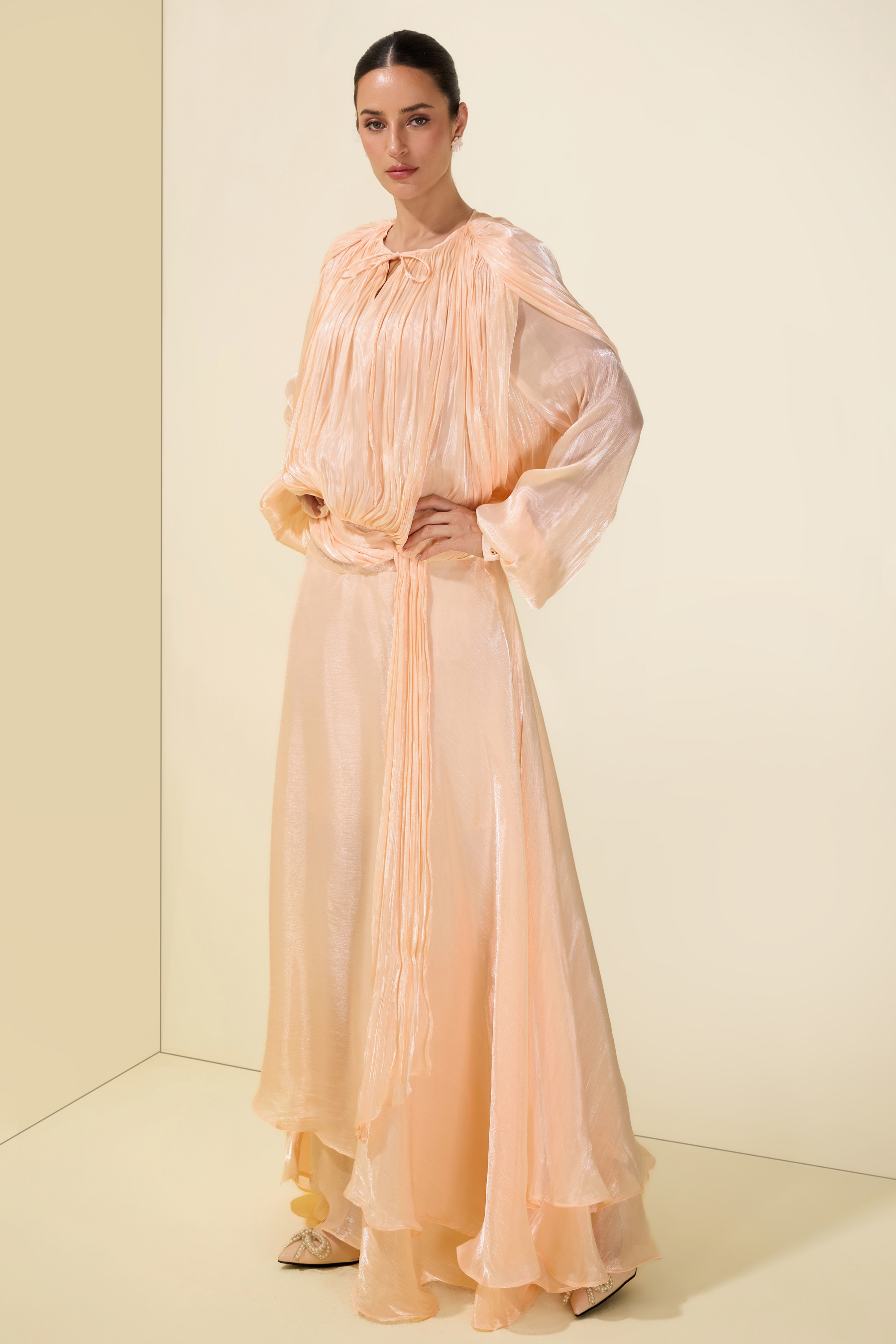 Gathering Long Sleeve Irregular Ruffle Midi Dress
