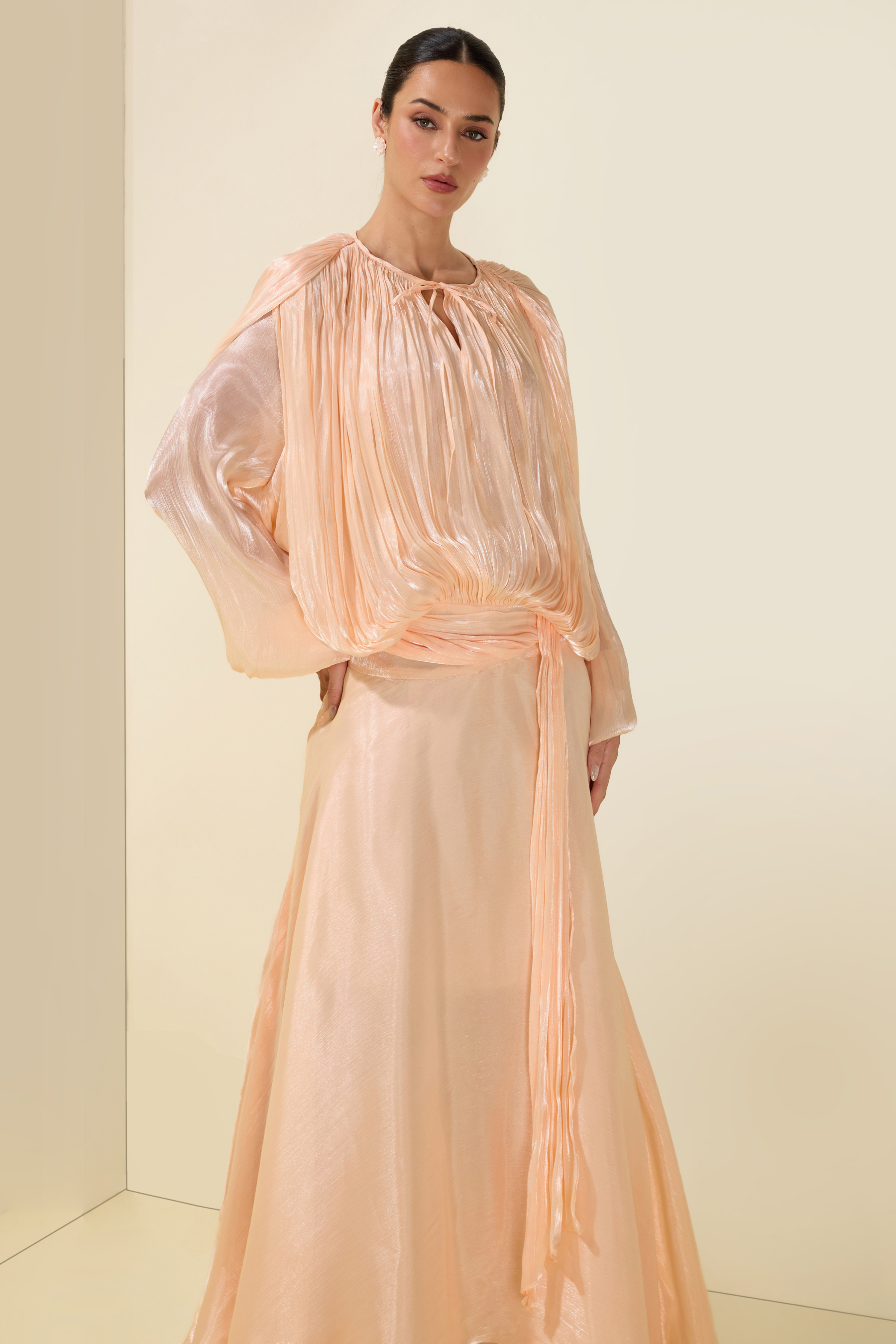 Gathering Long Sleeve Irregular Ruffle Midi Dress