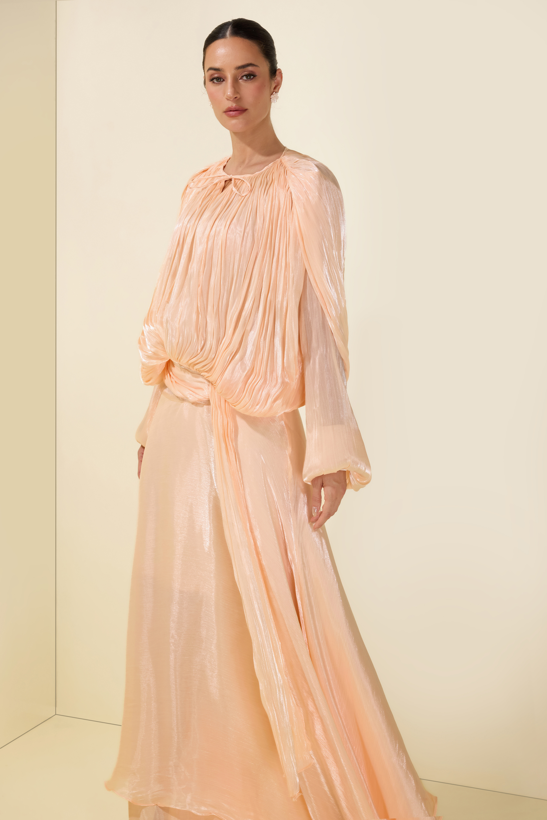 Gathering Long Sleeve Irregular Ruffle Midi Dress