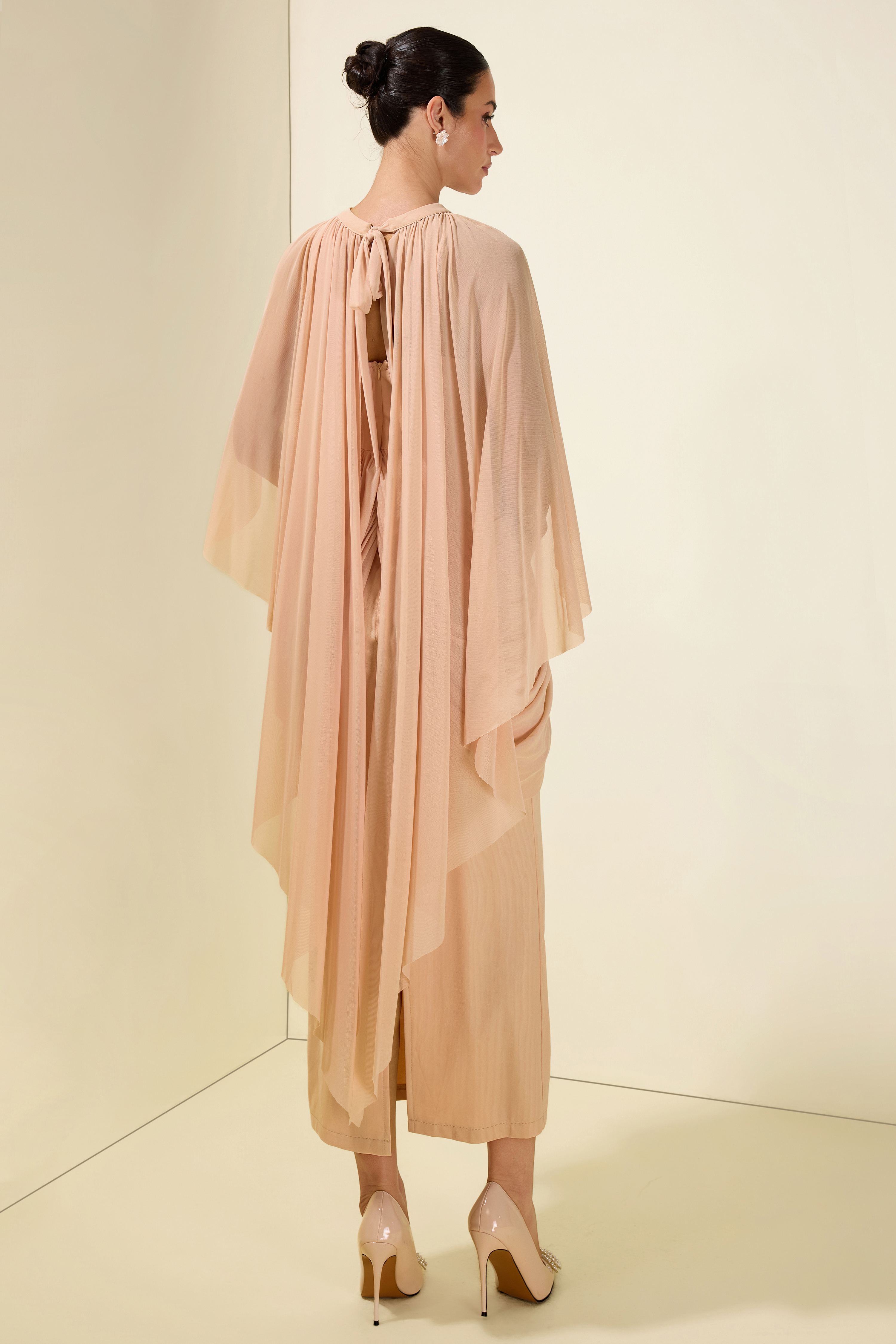 Gathering Solid Cape Sleeve Midi Dress