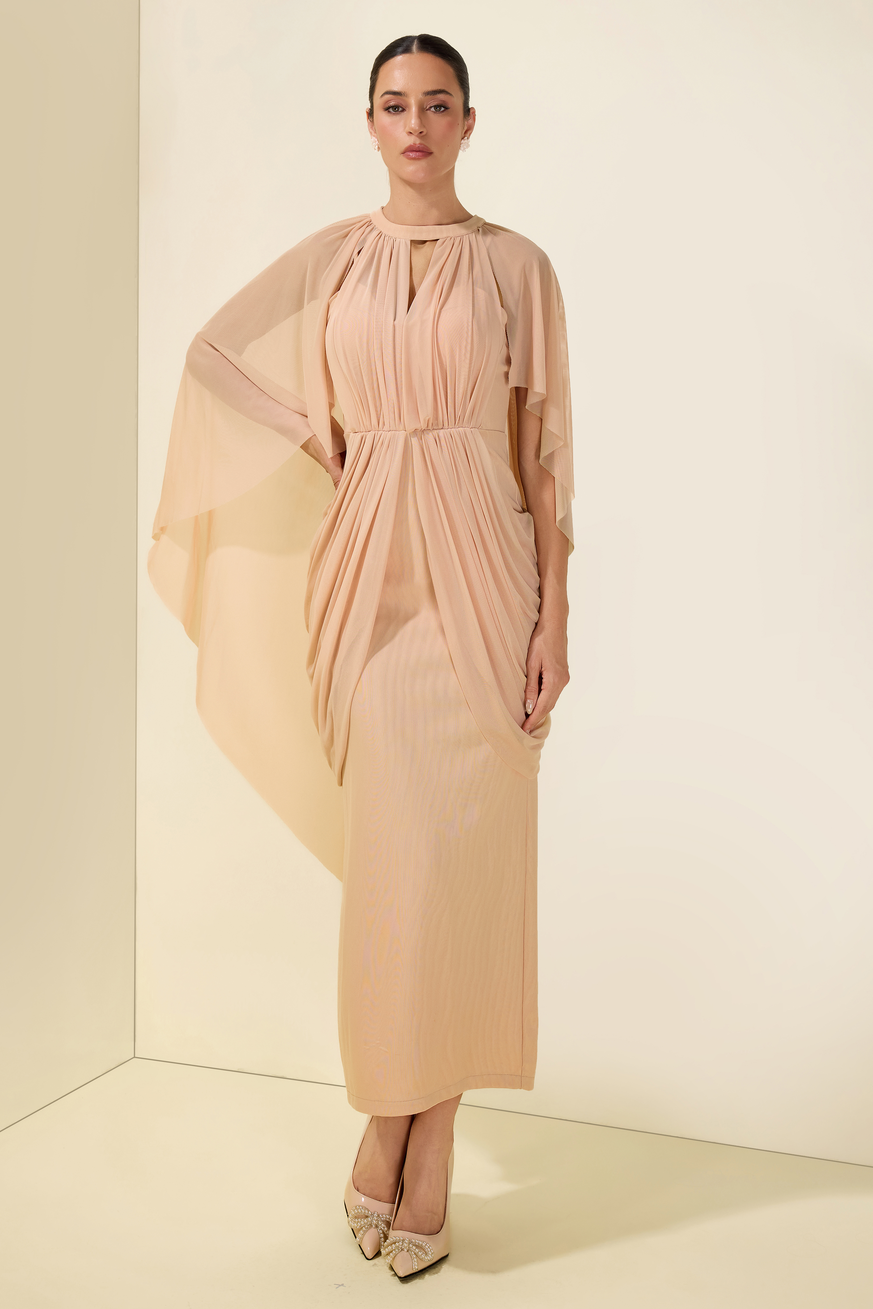 Gathering Solid Cape Sleeve Midi Dress