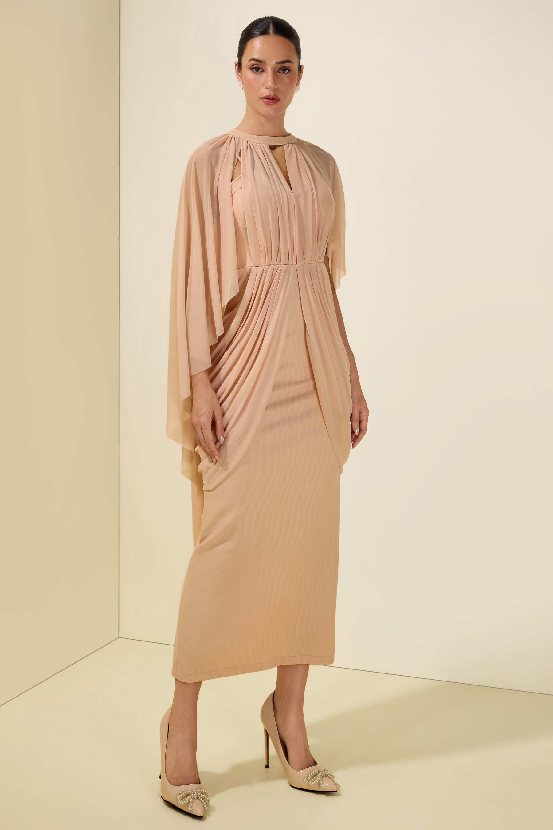 Gathering Solid Cape Sleeve Midi Dress