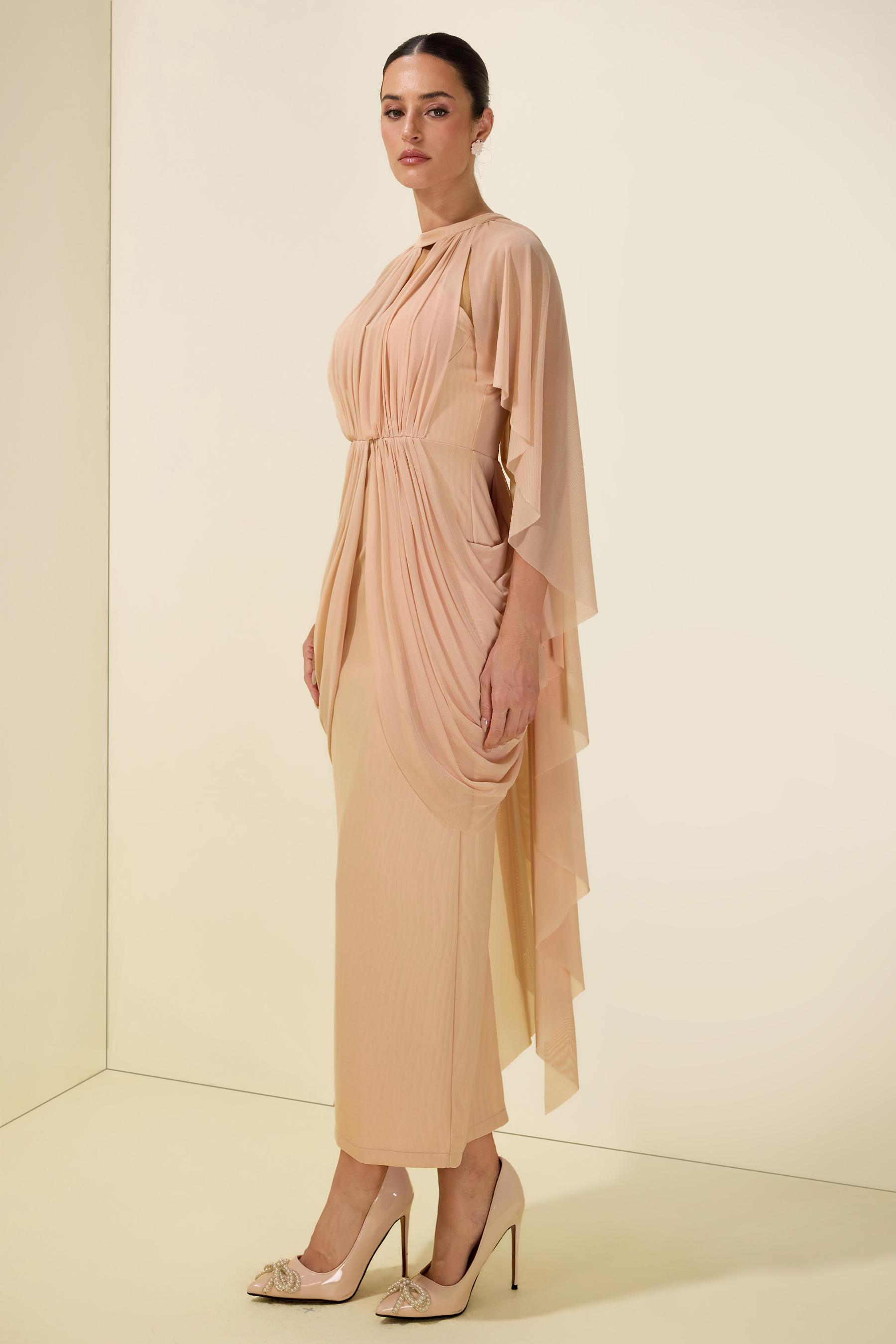 Gathering Solid Cape Sleeve Midi Dress
