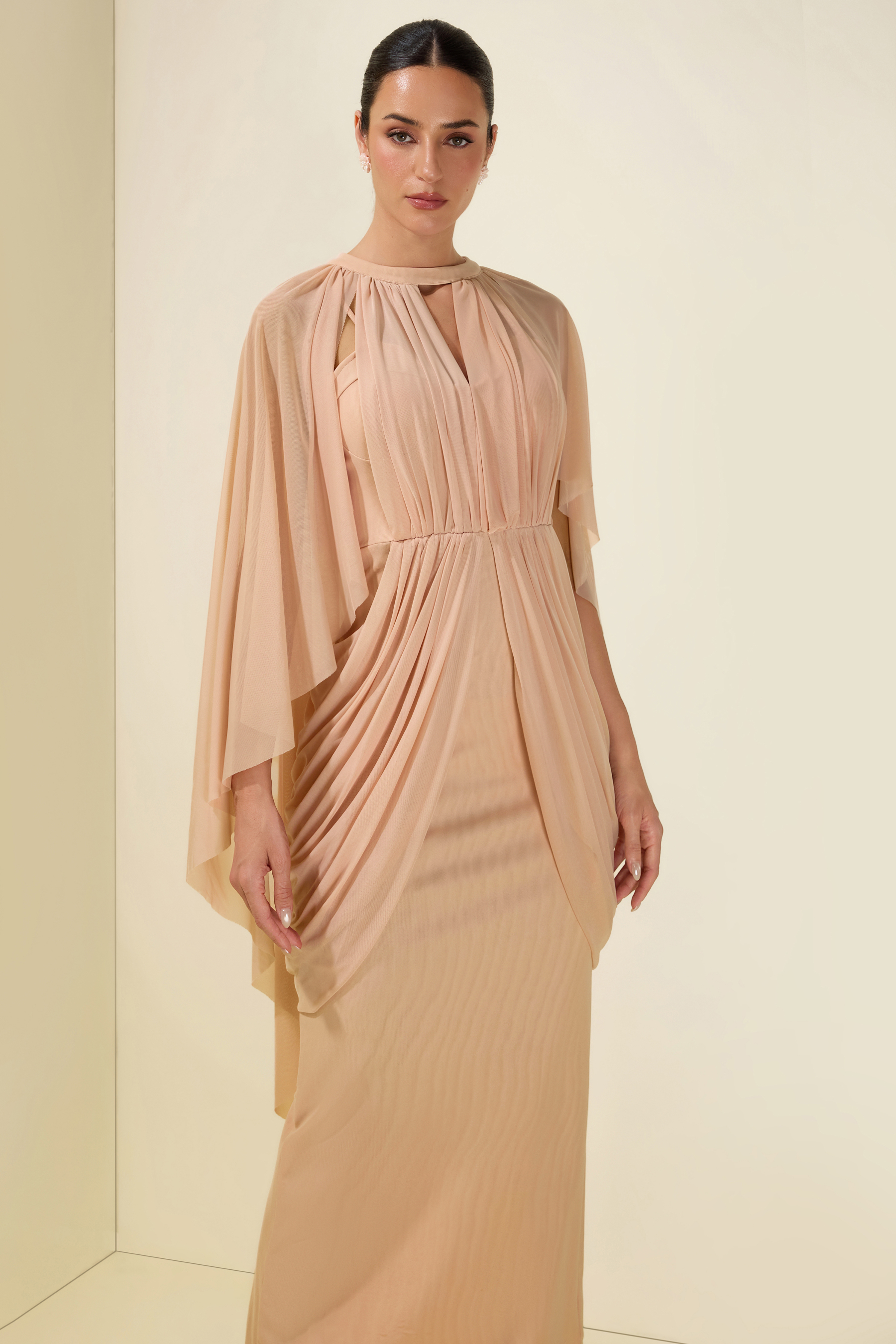 Gathering Solid Cape Sleeve Midi Dress