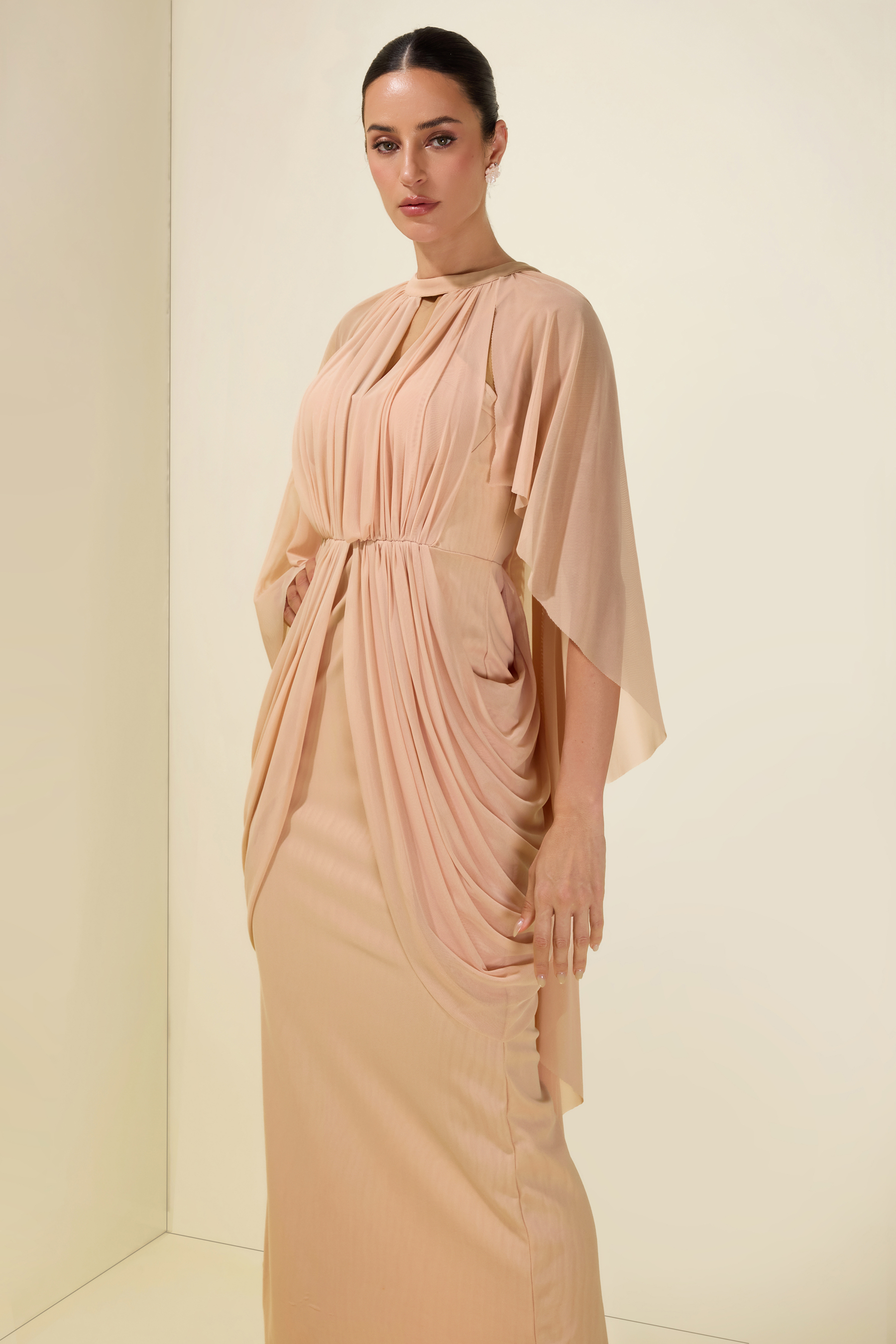 Gathering Solid Cape Sleeve Midi Dress