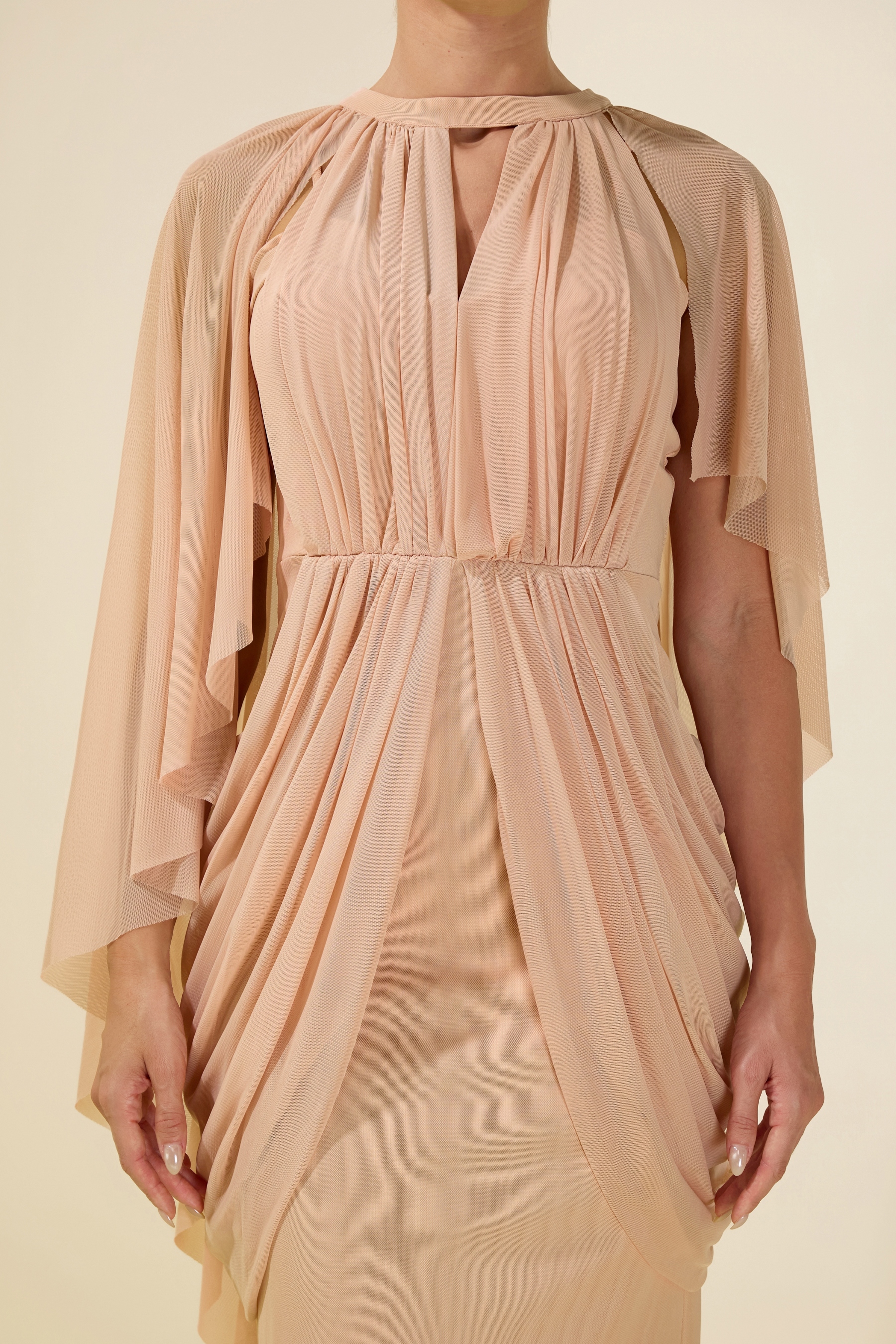 Gathering Solid Cape Sleeve Midi Dress