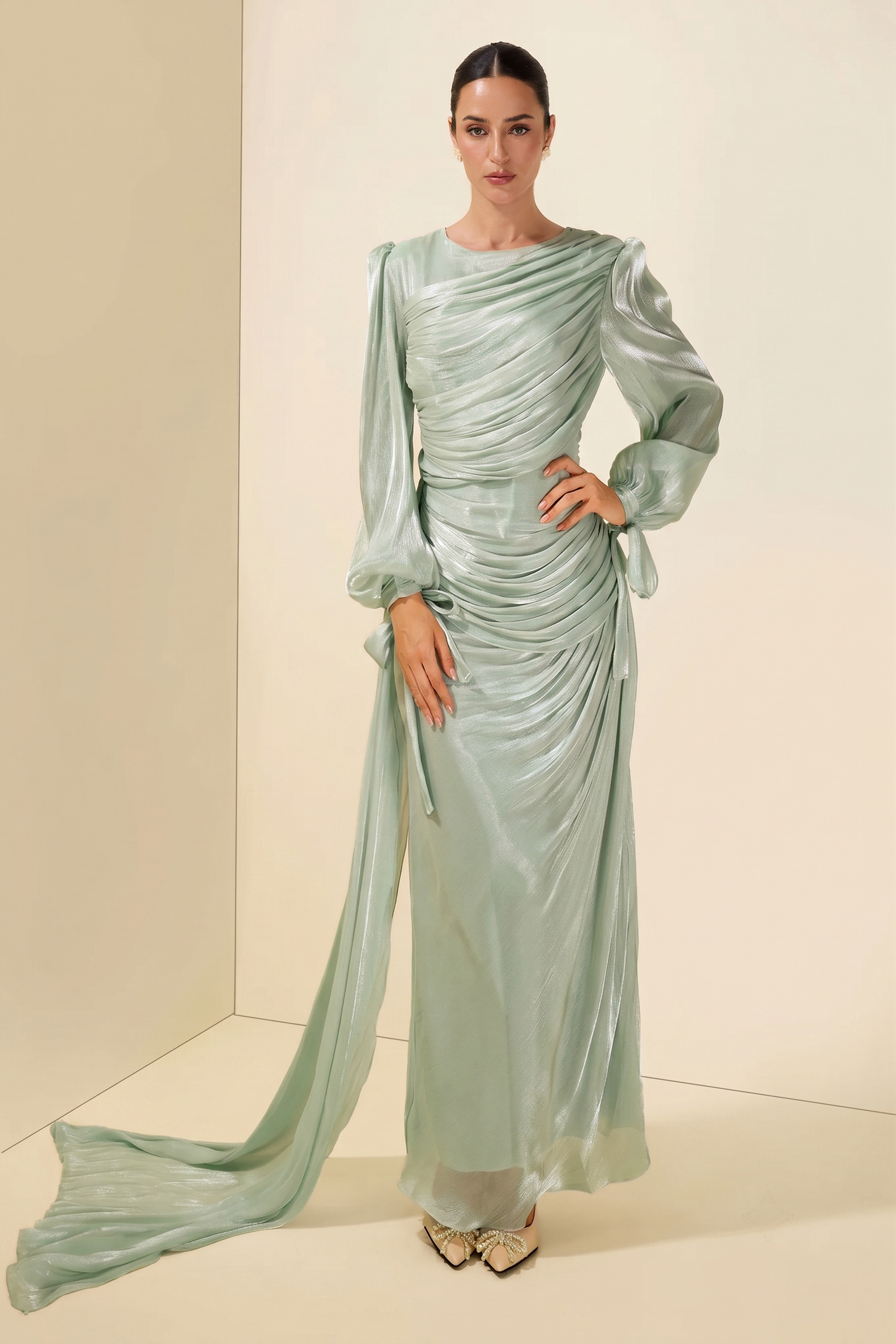 Gathering Lantern Sleeve Lace-Up Maxi Dress