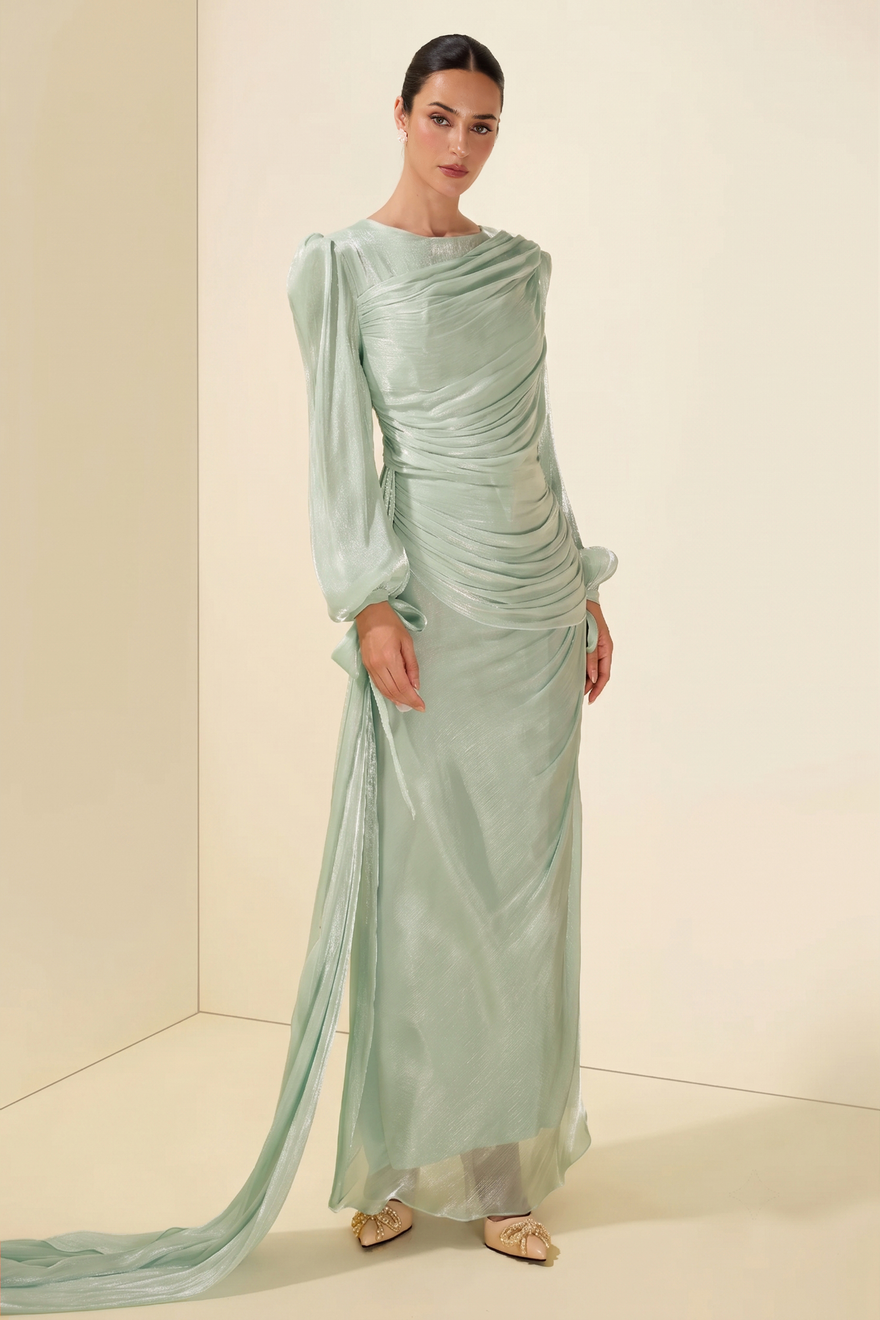 Gathering Lantern Sleeve Lace-Up Maxi Dress