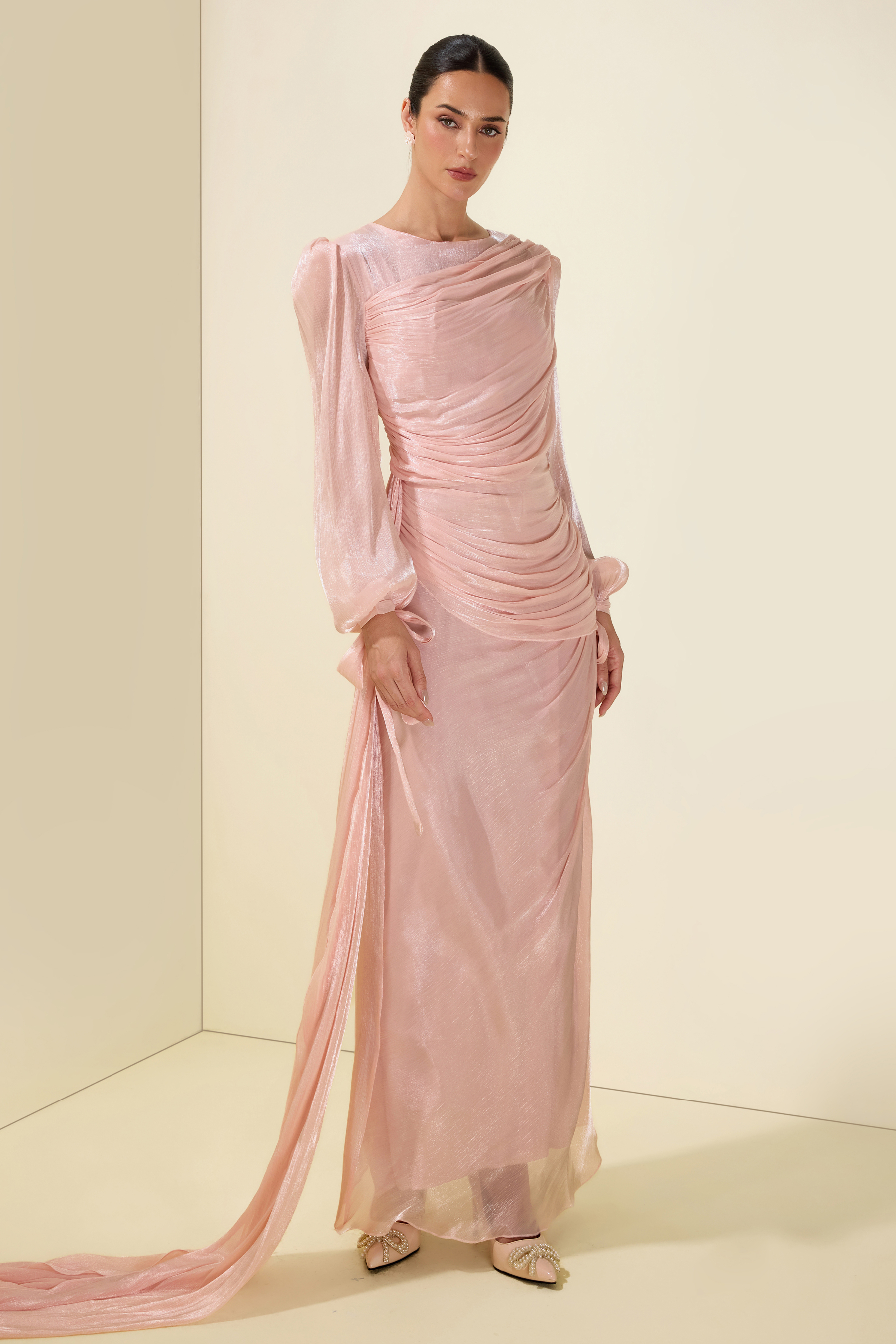 Gathering Lantern Sleeve Lace-Up Maxi Dress