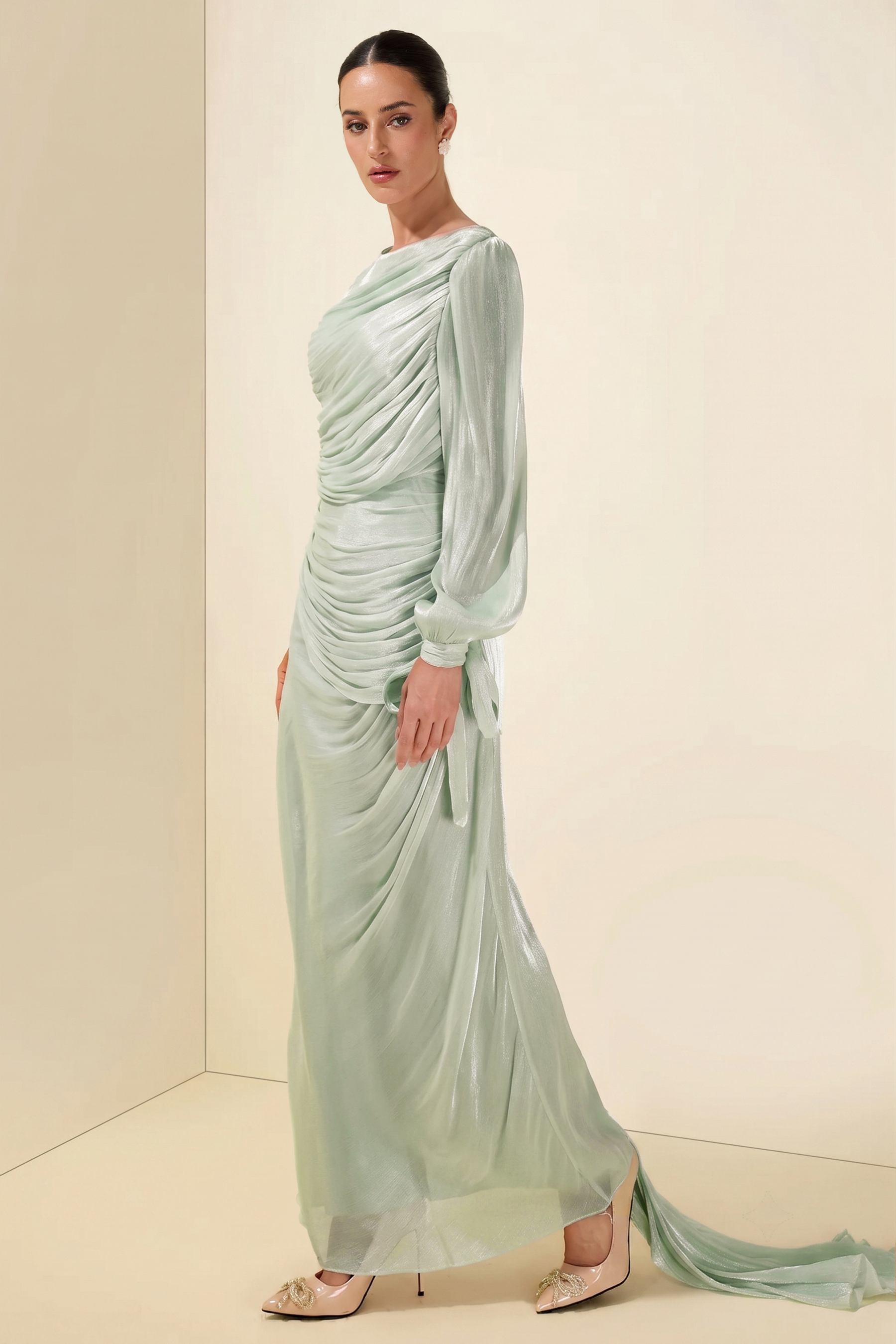 Gathering Lantern Sleeve Lace-Up Maxi Dress
