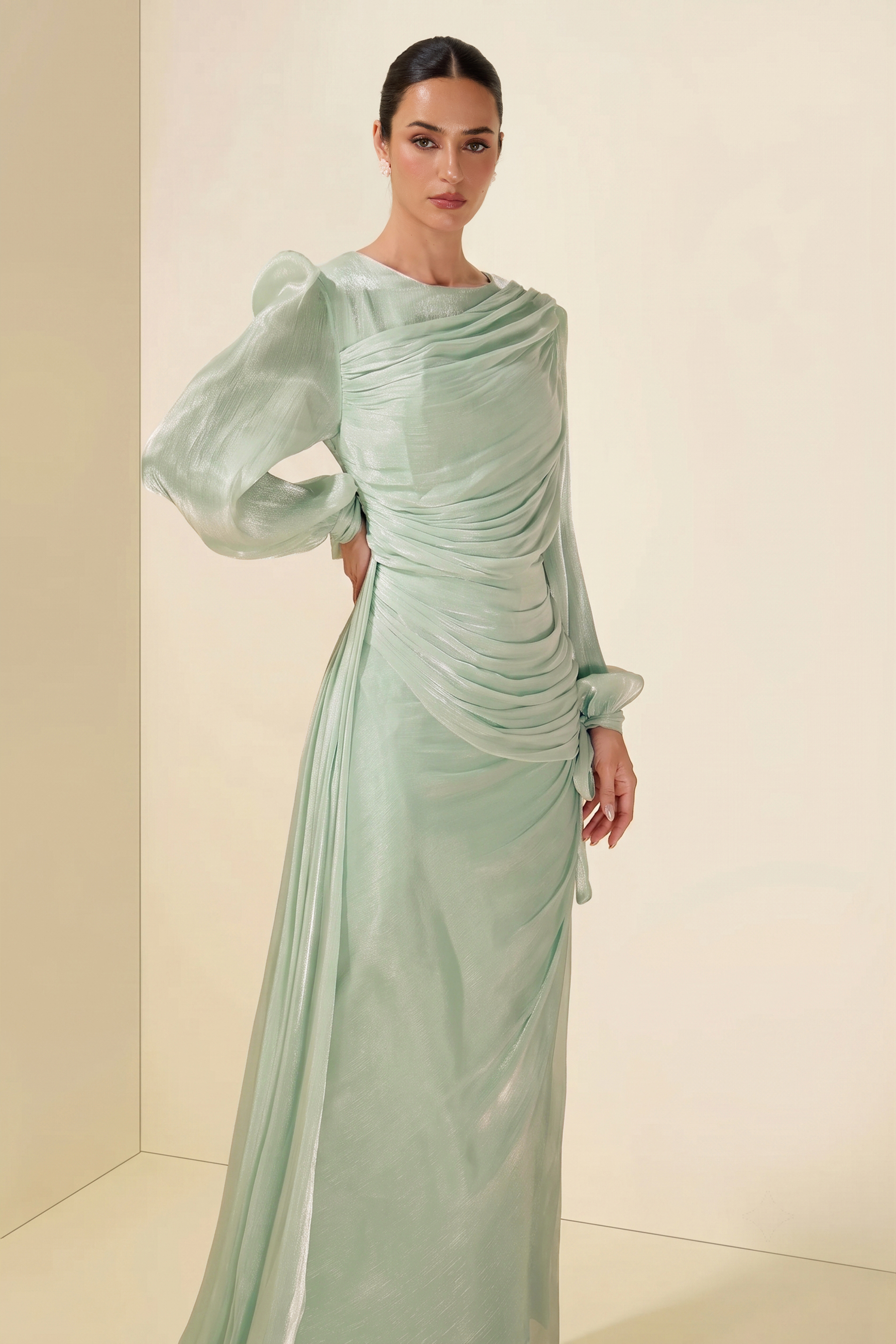 Gathering Lantern Sleeve Lace-Up Maxi Dress
