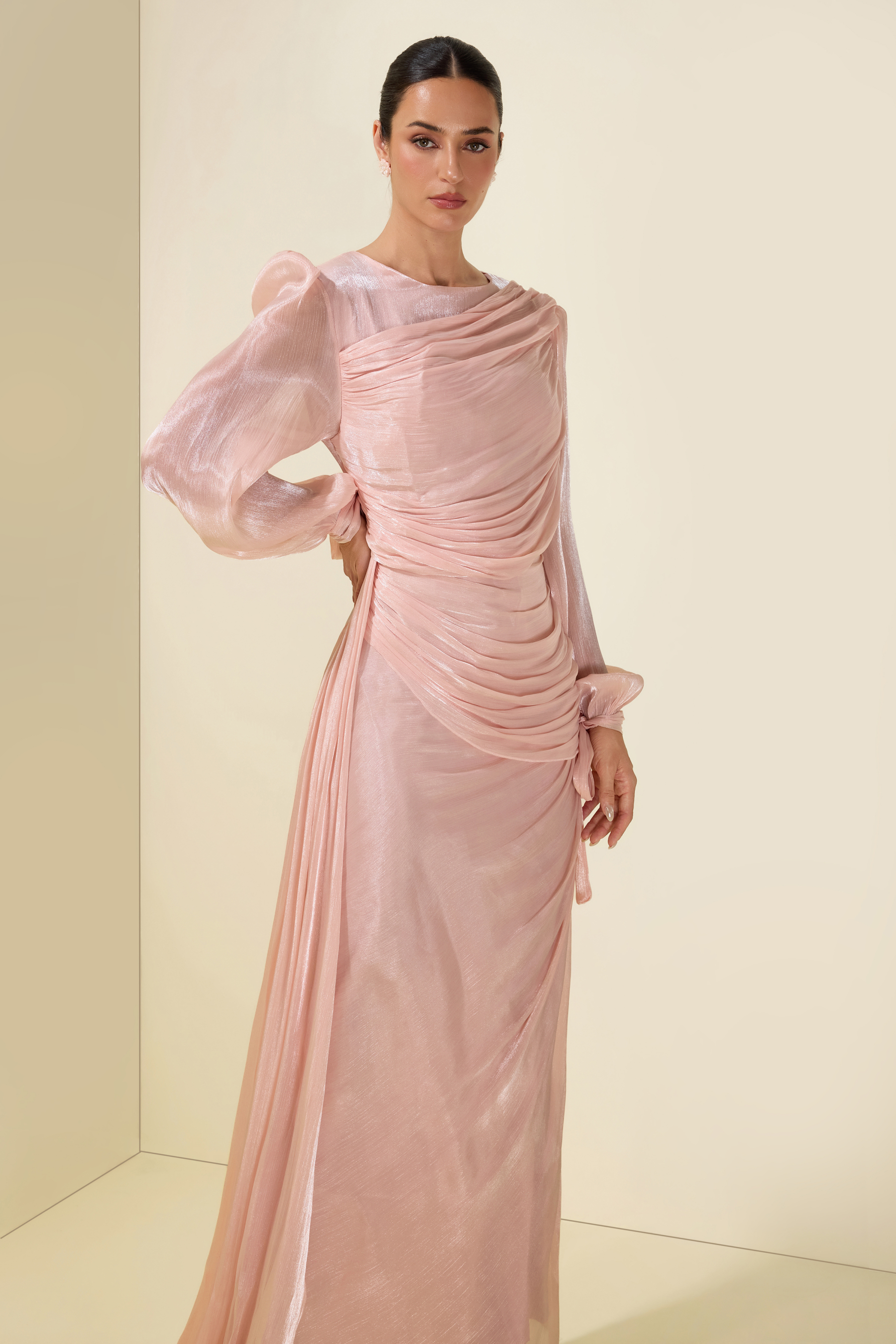 Gathering Lantern Sleeve Lace-Up Maxi Dress