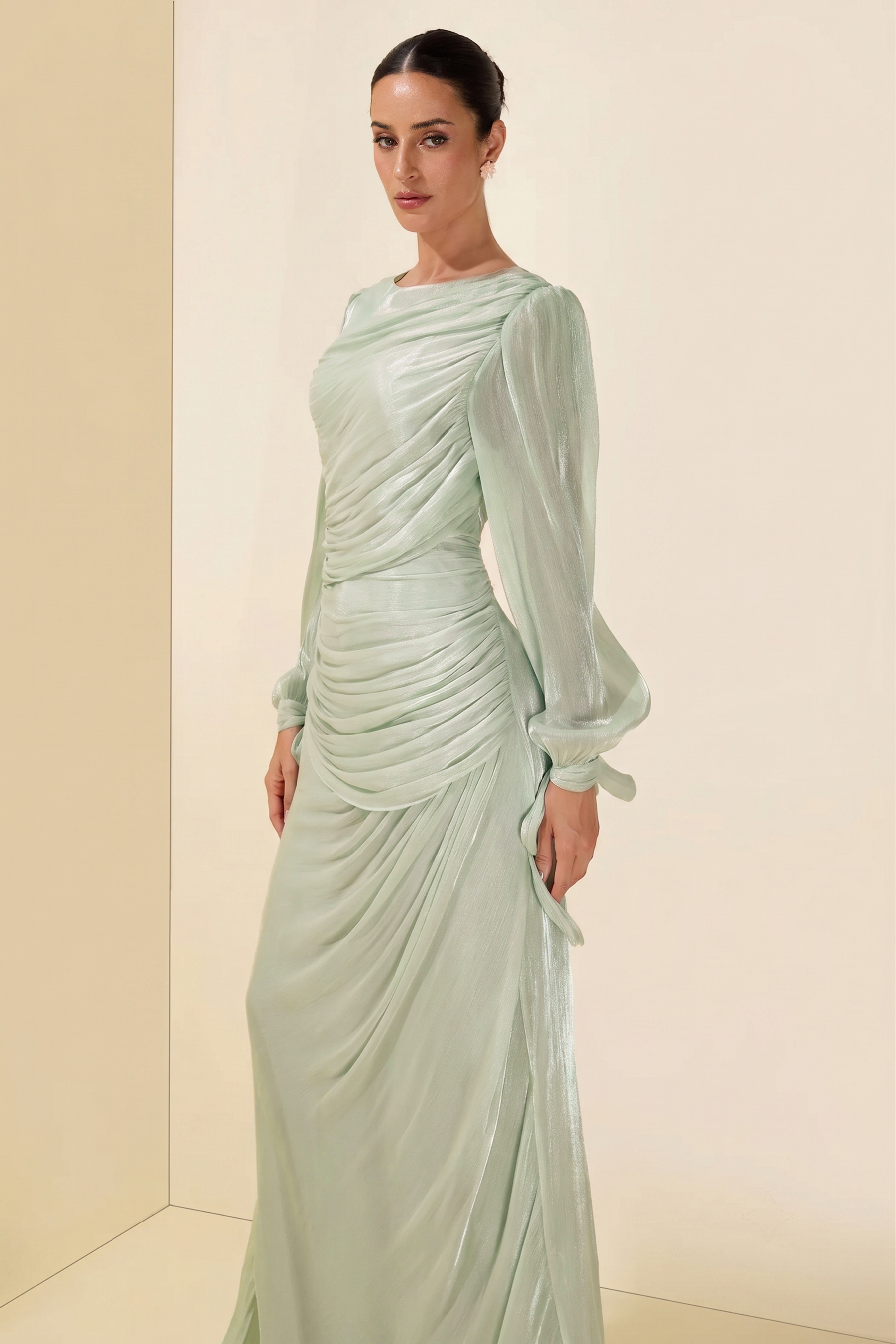 Gathering Lantern Sleeve Lace-Up Maxi Dress