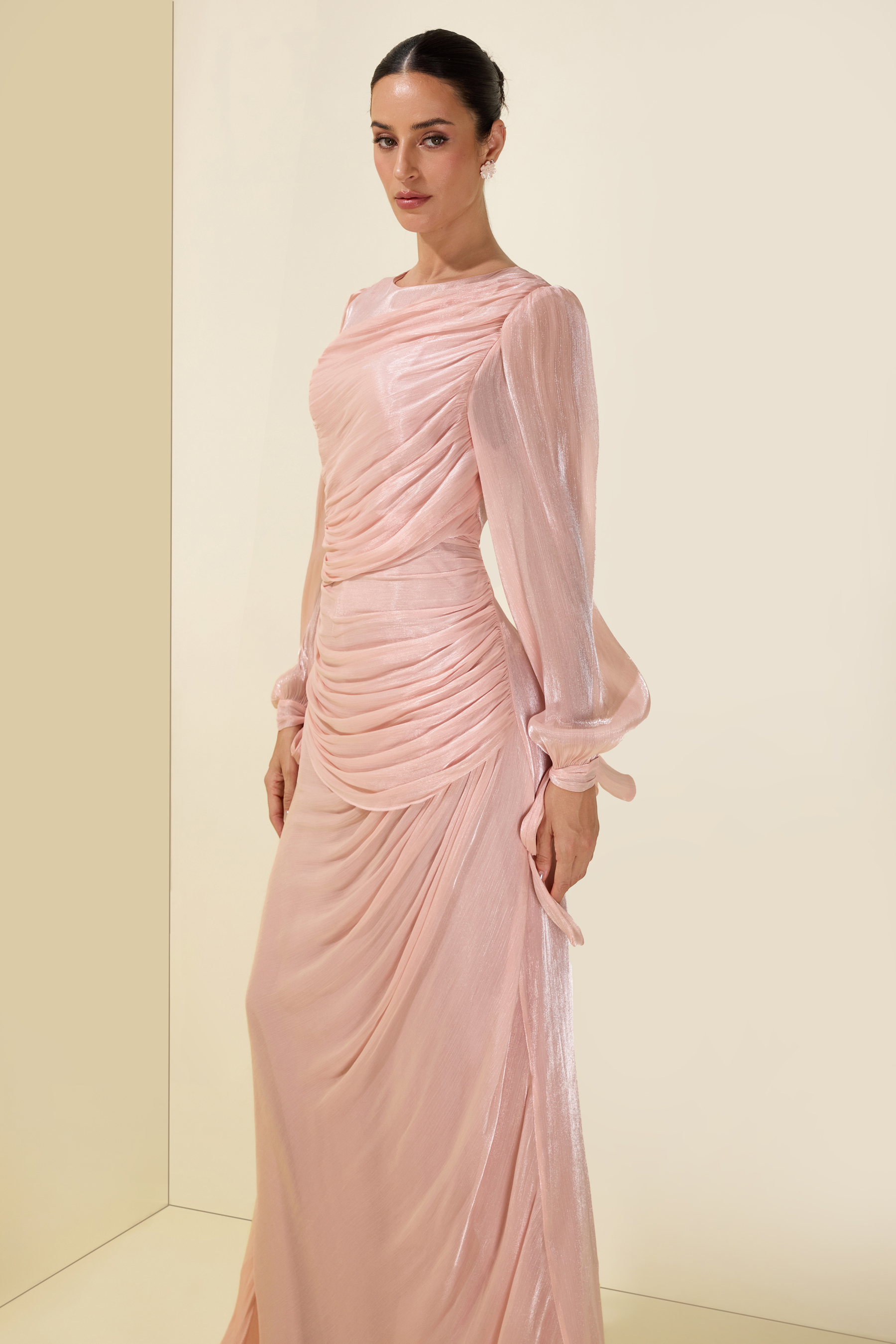 Gathering Lantern Sleeve Lace-Up Maxi Dress