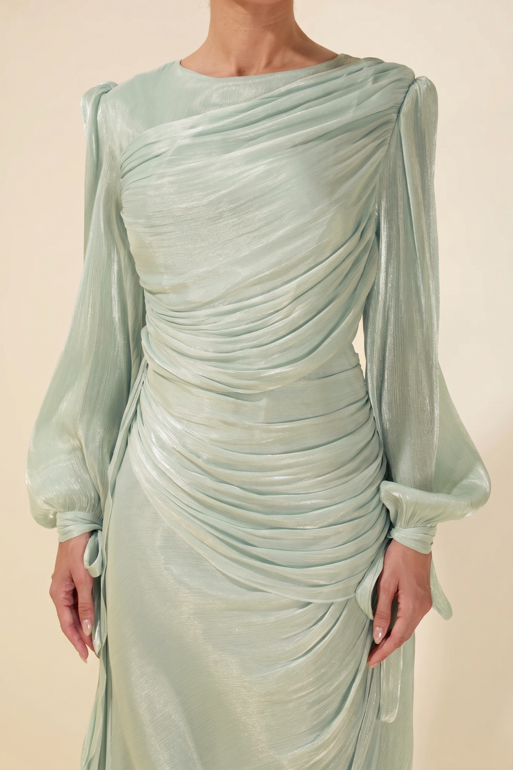 Gathering Lantern Sleeve Lace-Up Maxi Dress